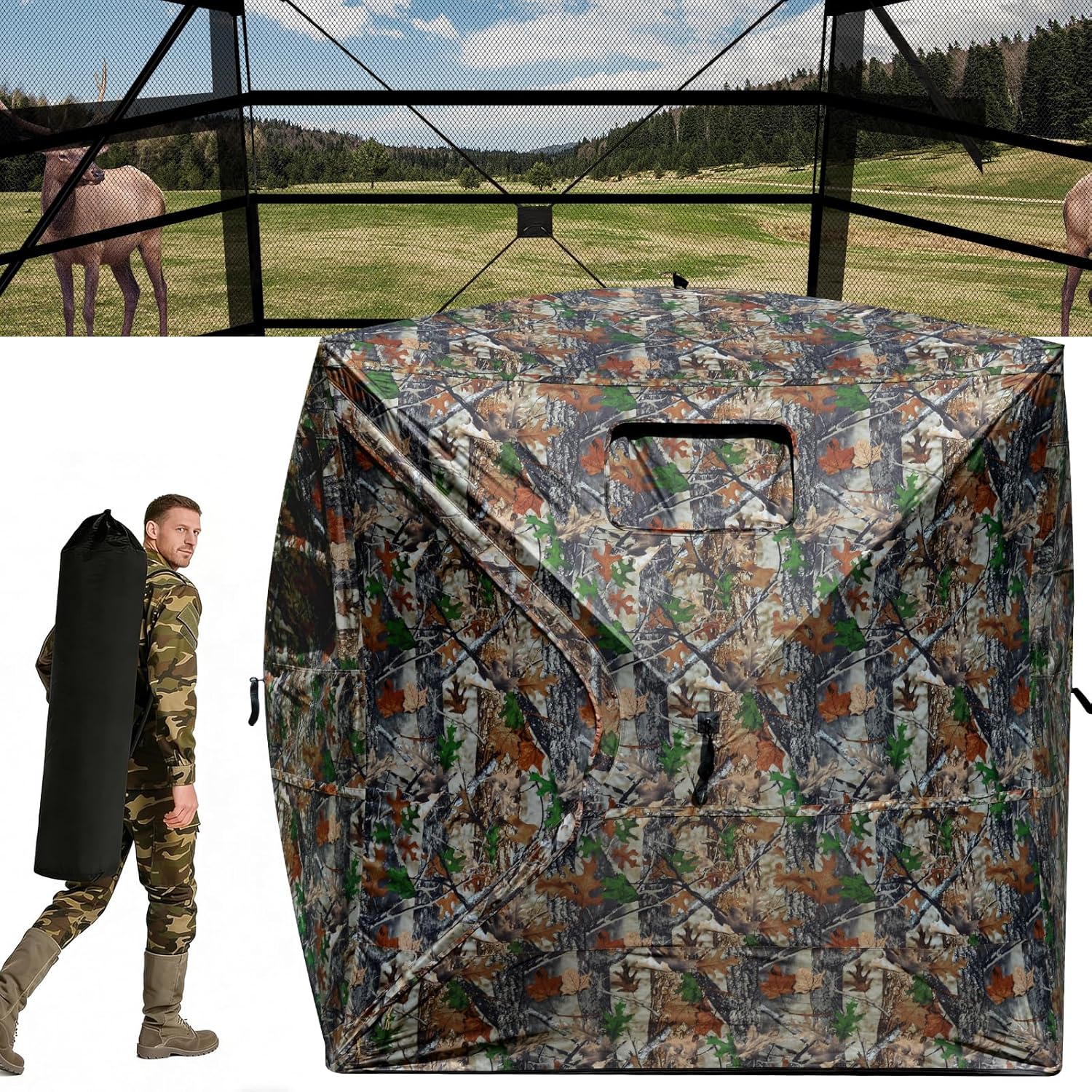 Portable Hunting Blind for 3/4 Persons, 270° See Through Ground Deer Blind with Silent Windows, Windproof Pop Up Blind for Turkey Duck Hunting with Carry Bag, Tent Stakes and Wind Ropes