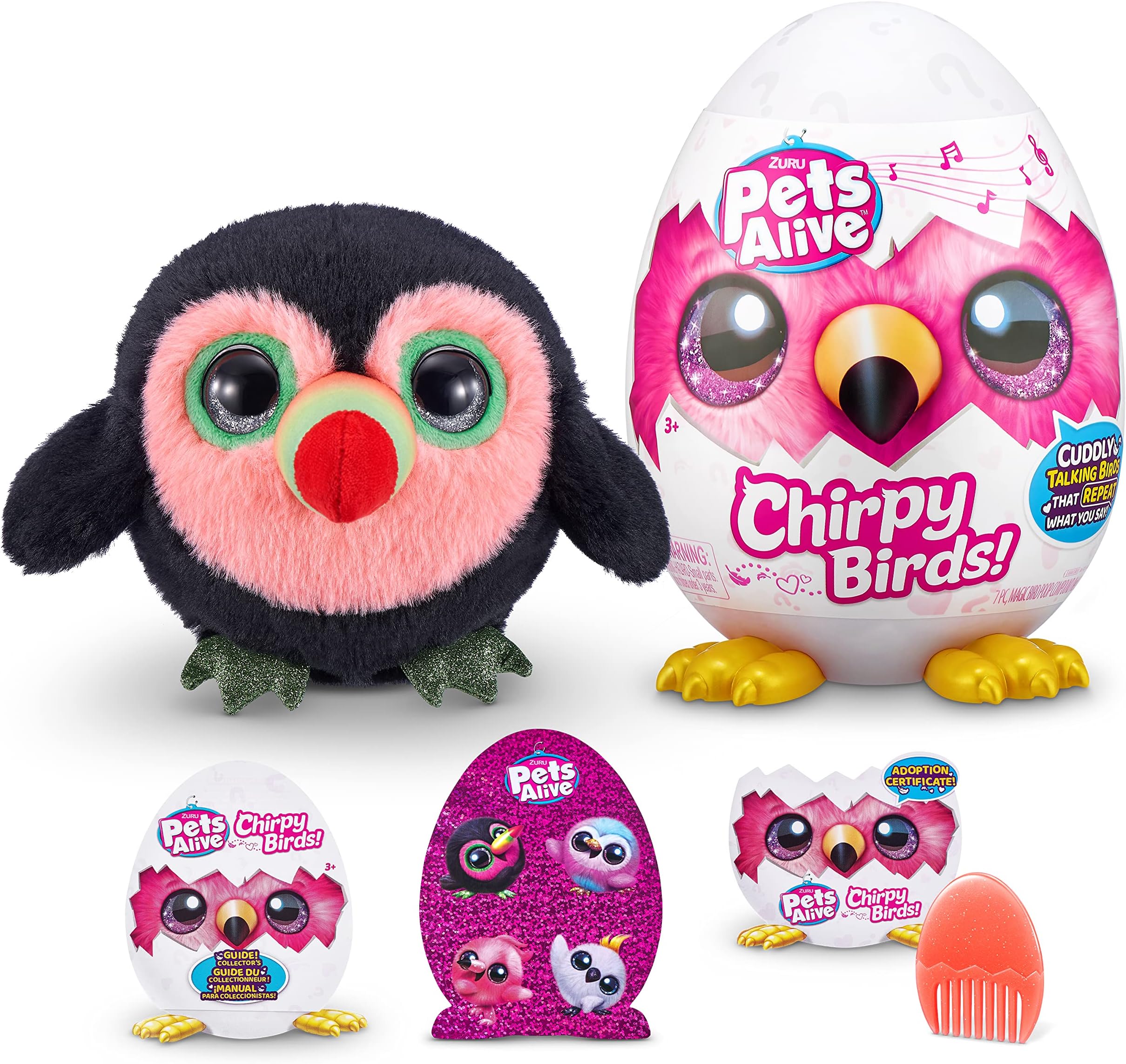 Chirpy Birds (Toucan) by ZURU, Electronic Pet that Speaks, Giant Surprise Egg, Stickers, Comb, Fluffy Clay, Bird Animal Plush for Girls