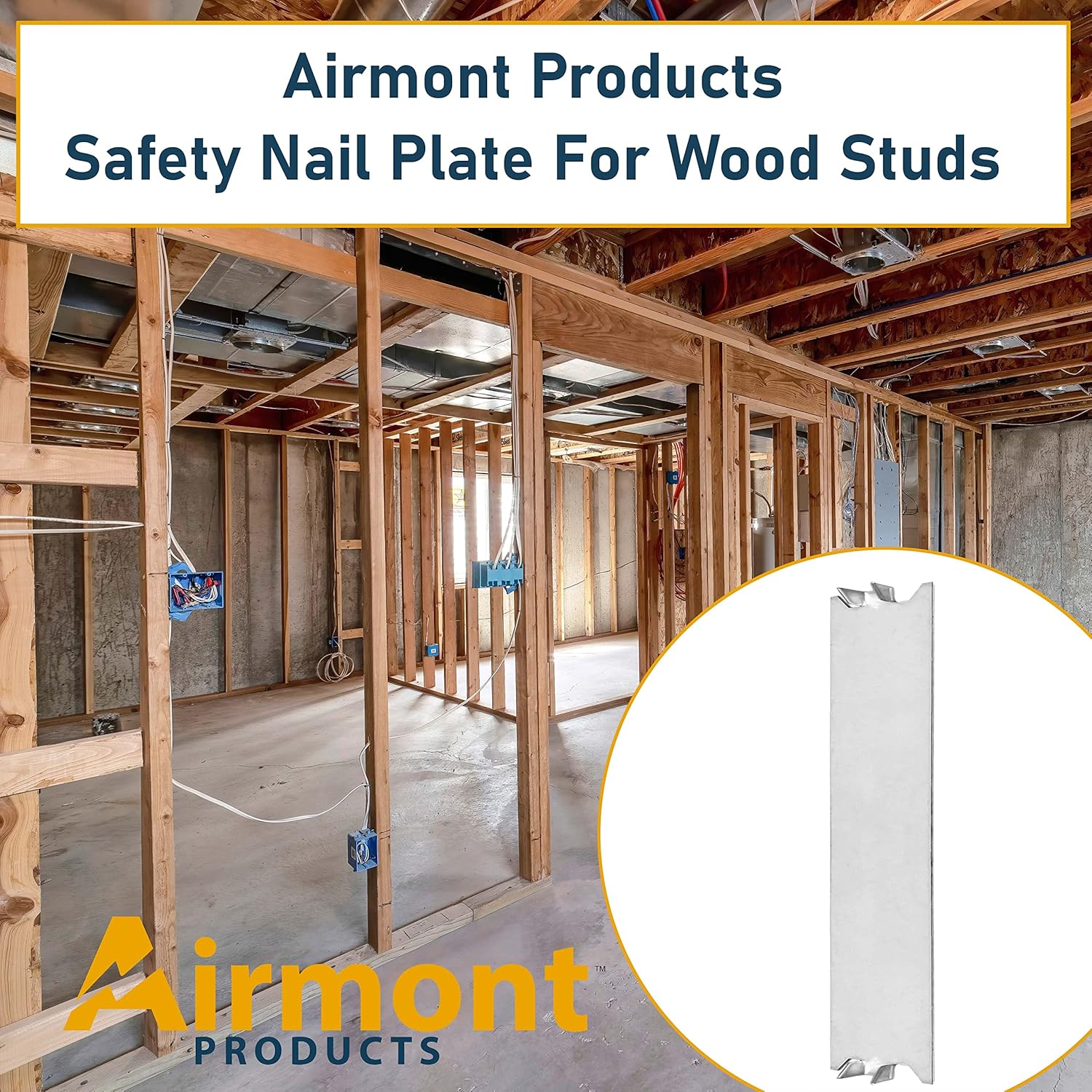 (100 Pack) Airmont Products AP-12062, Safety Nail Plate for Wood Studs 16-Gauge Steel, 1.5 x 6 Inch, Protect Plumbing and Wiring, Sharp Pointed Prongs, Anti-Nail Protection Plate Shield, Made in USA