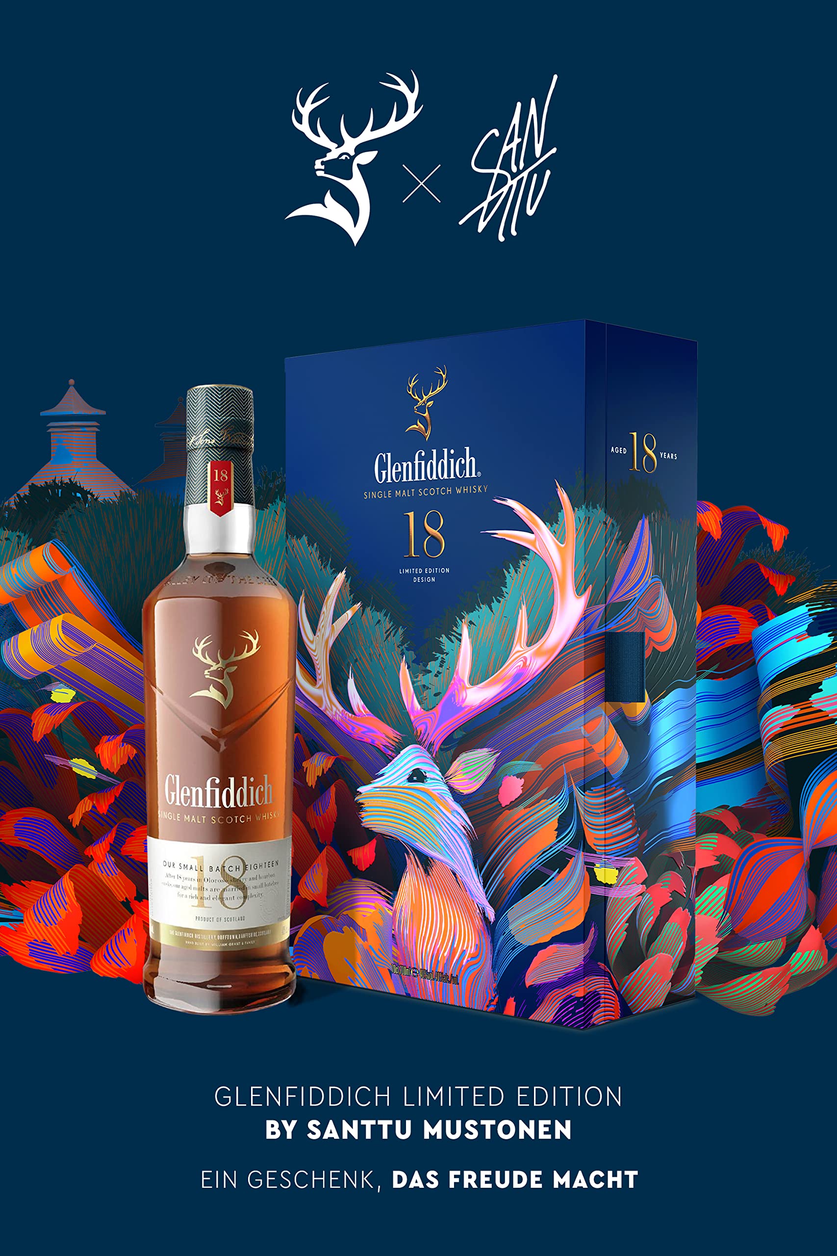 Glenfiddich 18 Jahre Single Malt Scotch Whisky Santtu Geschenkset mit Flachmann, 70cl