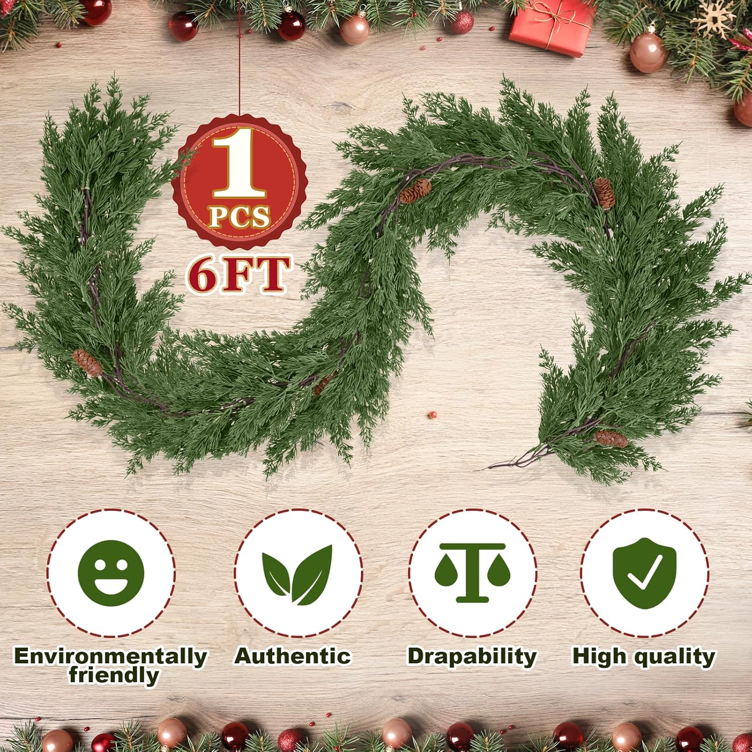 1 Pack 6FT Christmas Artificial Cedar Garland with Pine Cones,Real Touch Greenery Cypress Garland,Realistic Faux Cedar Garlands for Xmas Table Mantle Wall Room Outdoor Indoor Decoration - Image 2