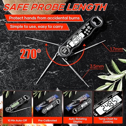 Miniatura 3 de Termómetro digital de lectura instantánea para cocinar y asar a la parrilla, termómetro de alimentos de cocina con sonda plegable, pantalla de