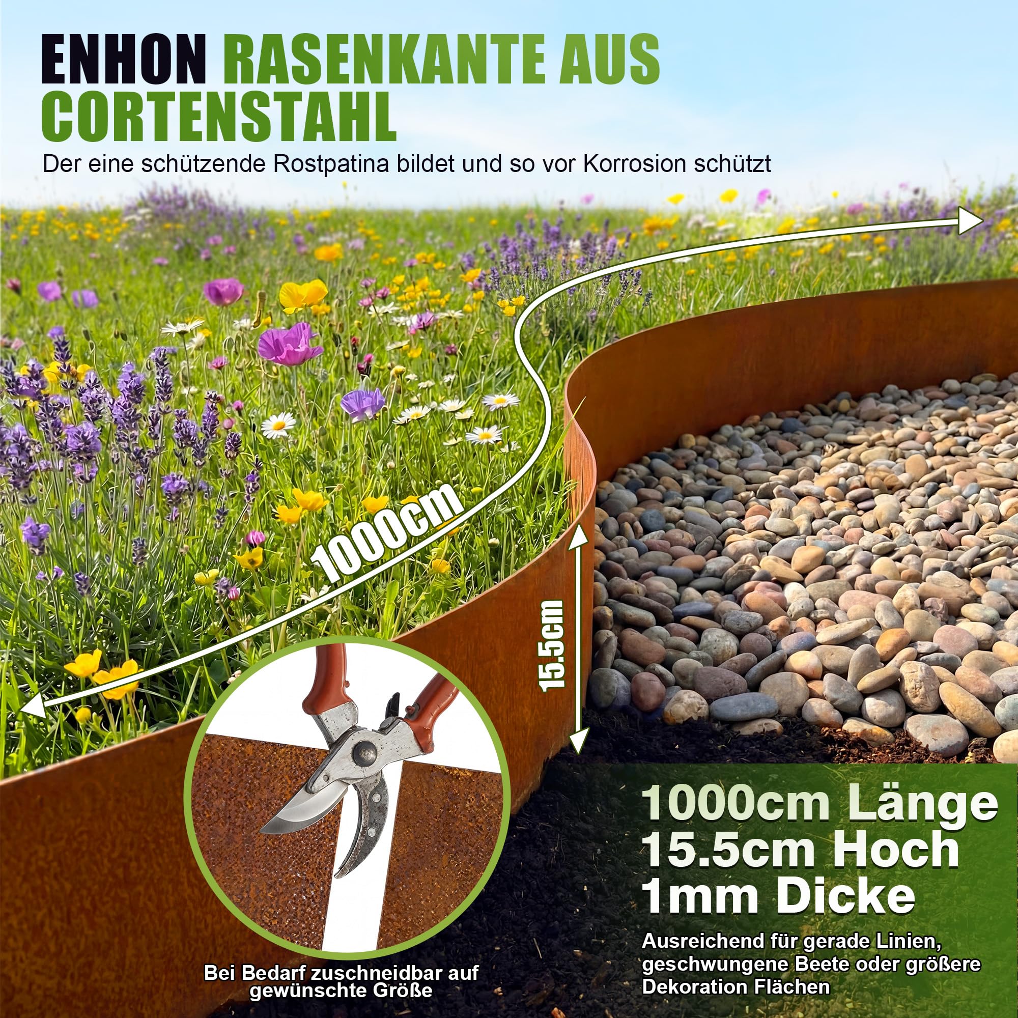 Enhon Borde de césped de Acero Corten, 10 m, Borde de Metal para parterres, 15,5 cm de Alto, Flexible y cortable; para diseño de Jardines, Bordes de césped, parterres, Caminos de Grava