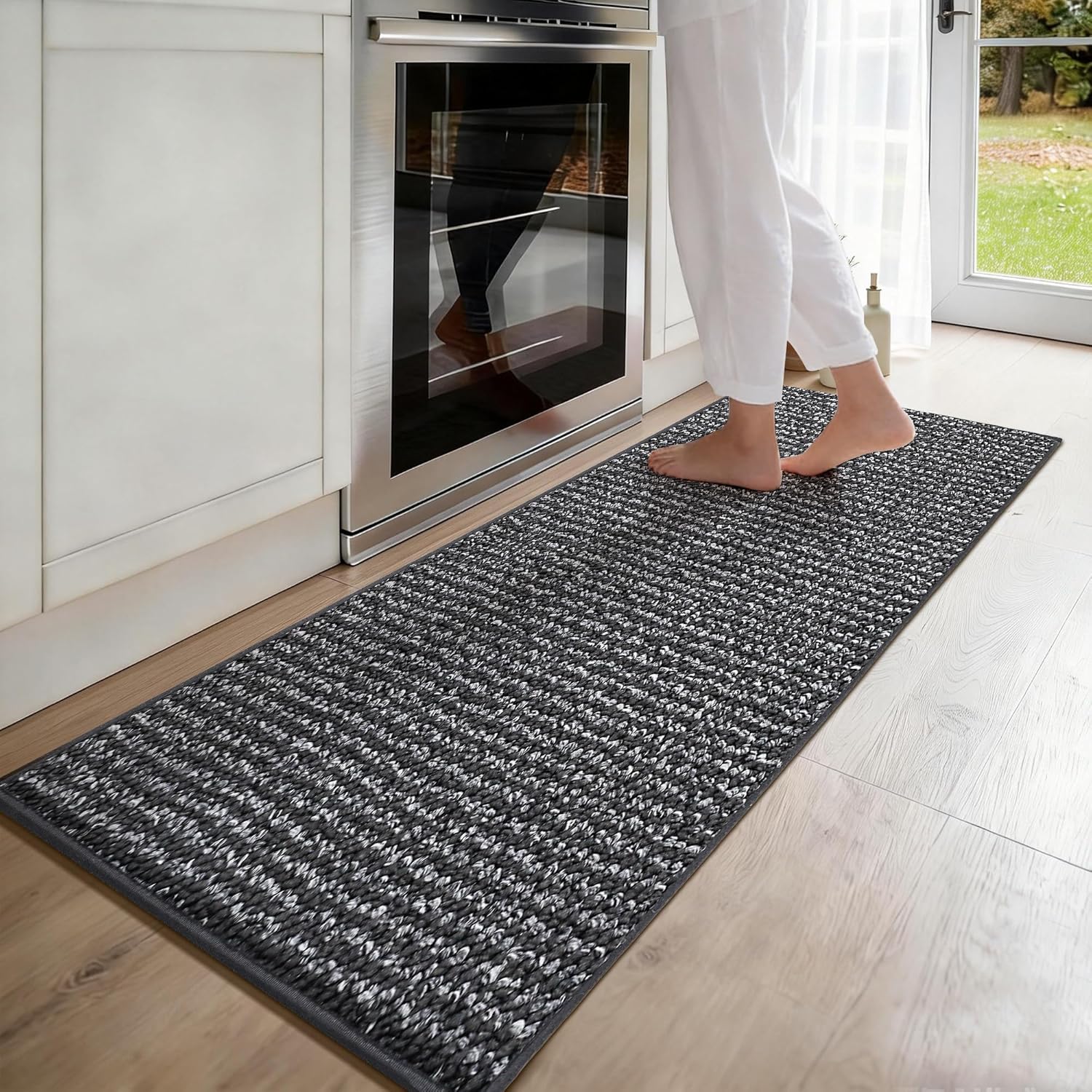JSEI Kitchen Runner Rugs, 17''x60'' Non-Slip Kitchen Mats for Floor, Machine Washable Absorbent and Stain Resistant Kitchen Rug, Carpet Mats with TPR Backing for Kitchen, Charcoal