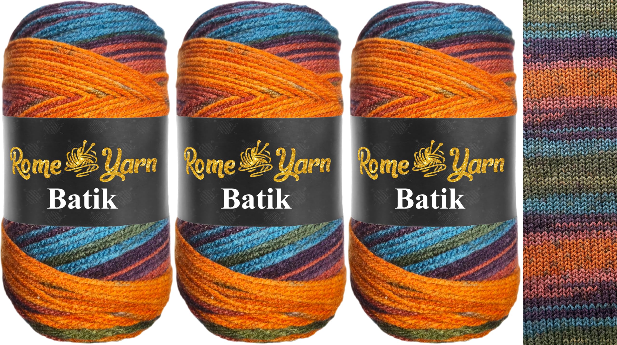 Rome Yarn Batik Knitting Yarn 3 × 100 g Pack - 100% Acrylic Aran Weight (#4 Medium), Self-Patterning Multicolour Yarn for Knitting and Crochet (5961)