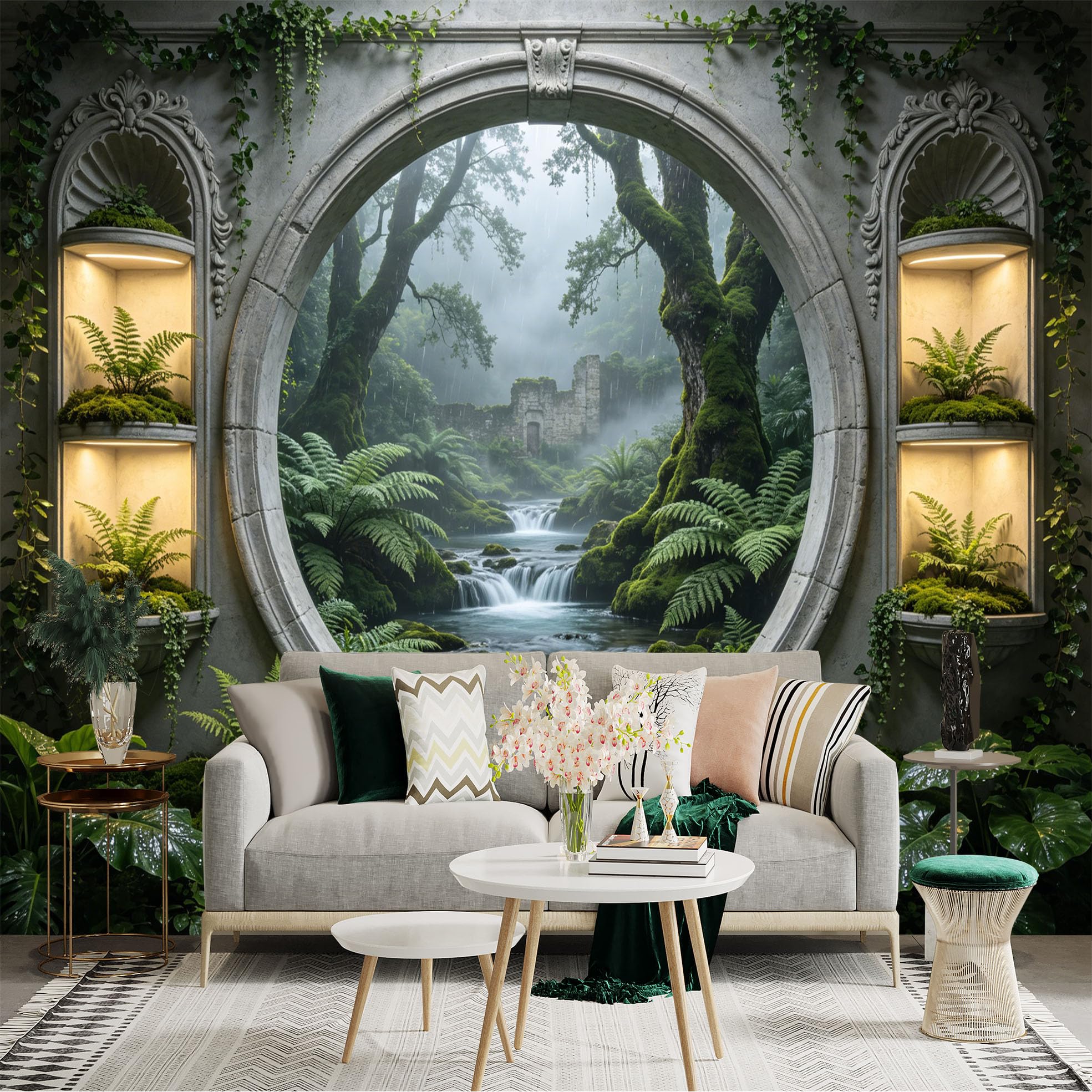 Custom Size Wall Sticker Mural， Misty Forest Waterfall with Ancient Ruins and Lush Greenery， for wall Decoration， peelandstick wall Decals.