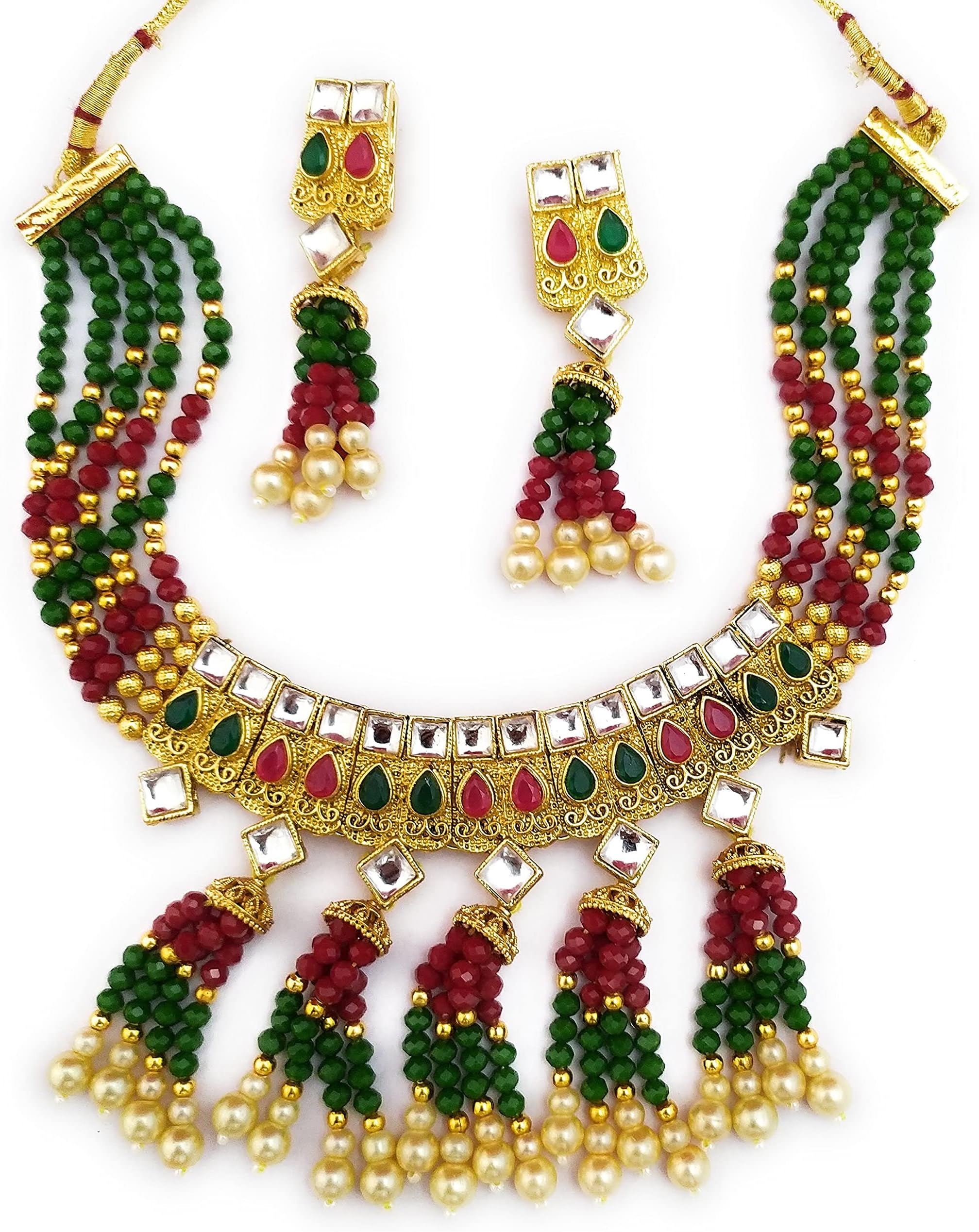 AARNAA Exclusive Gold Plated Wedding Ruby Green Jewellery Kundan Beaded Choker Necklace Set For Women