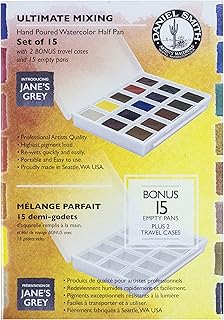 DANIEL SMITH Hand Poured Watercolor, Half Pans, Ultimate Mixing Set with 15 Watercolor Half Pans, 15 Empty Half Pans, 2 Plastic Travel Cases (total 32 pieces) 285650009