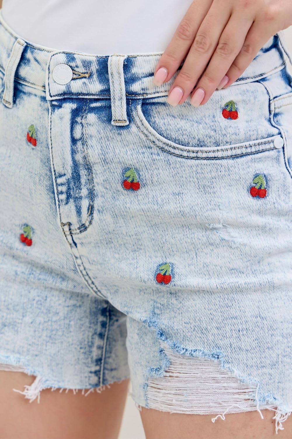 Judy Blue High Waisted Cherry Embroidery Acid Wash Jean Shorts for Women 150125