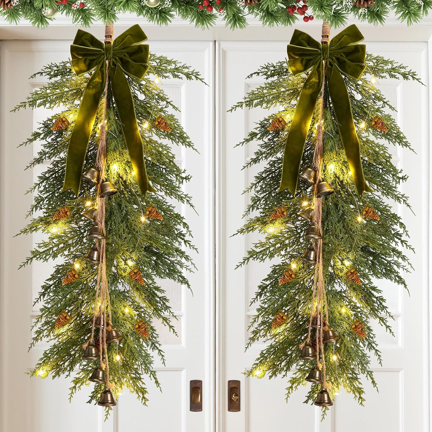 Hungdao 2 Pack 36" Large Christmas Teardrop Swag with Lights Velvet Bell Bow and Faux Pine Cones Rustic Christmas Artificial Greenery Cedar Swag Wreath for Xmas Farmhouse Home Wall Decor(Green)