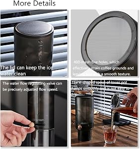 Ice Drip Coffee Maker, Cold Brew Coffee Maker, High Boron Glass Coffee Pot with Coffee Paper Filters for Home Office 400ml Cold Brew Pots, Fine 400 Mesh, Adjustable Water Flow