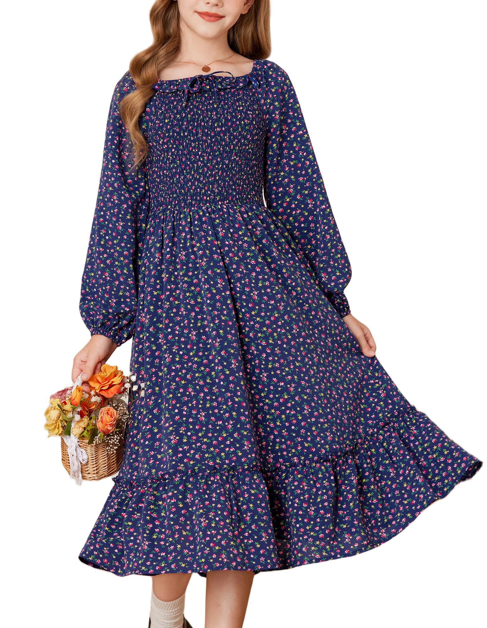 GRACE KARIN Mädchen Eckiger Ausschnitt Laterne Langärm Kleid Smocked A-Linie Blumenkleid