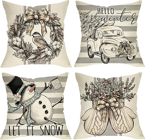 Hello Winter - Juego de 4 fundas de almohada decorativas grises de 18 x 18 pulgadas, muñeco de nieve, camión de nieve, árbol de Navidad, porche, disponible en Yaxa Venezuela