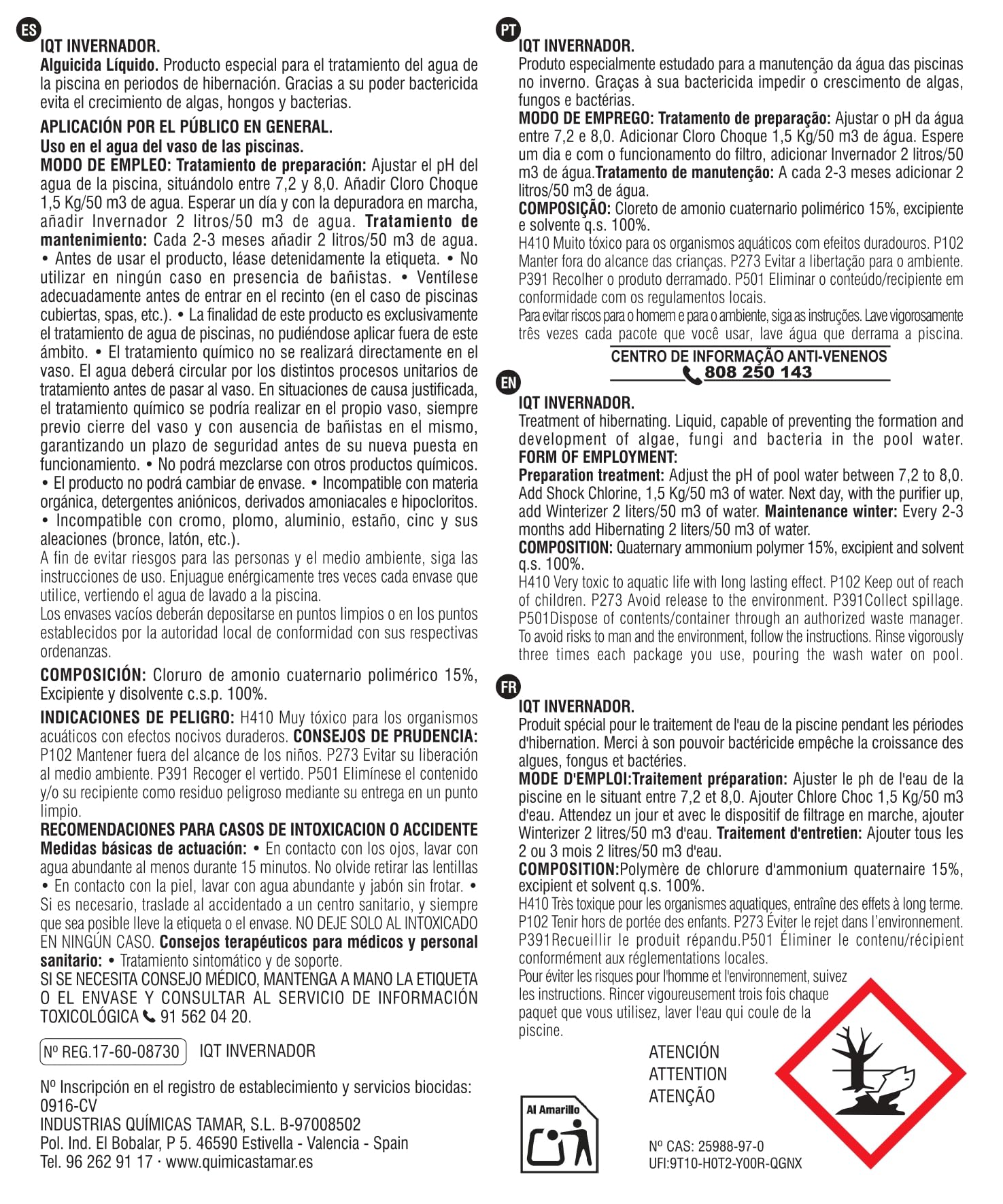 Tamar Invernador Liquido para Piscinas, Invernaje y conservación, alguicida, 5 litros. Pack de 2 Unidades