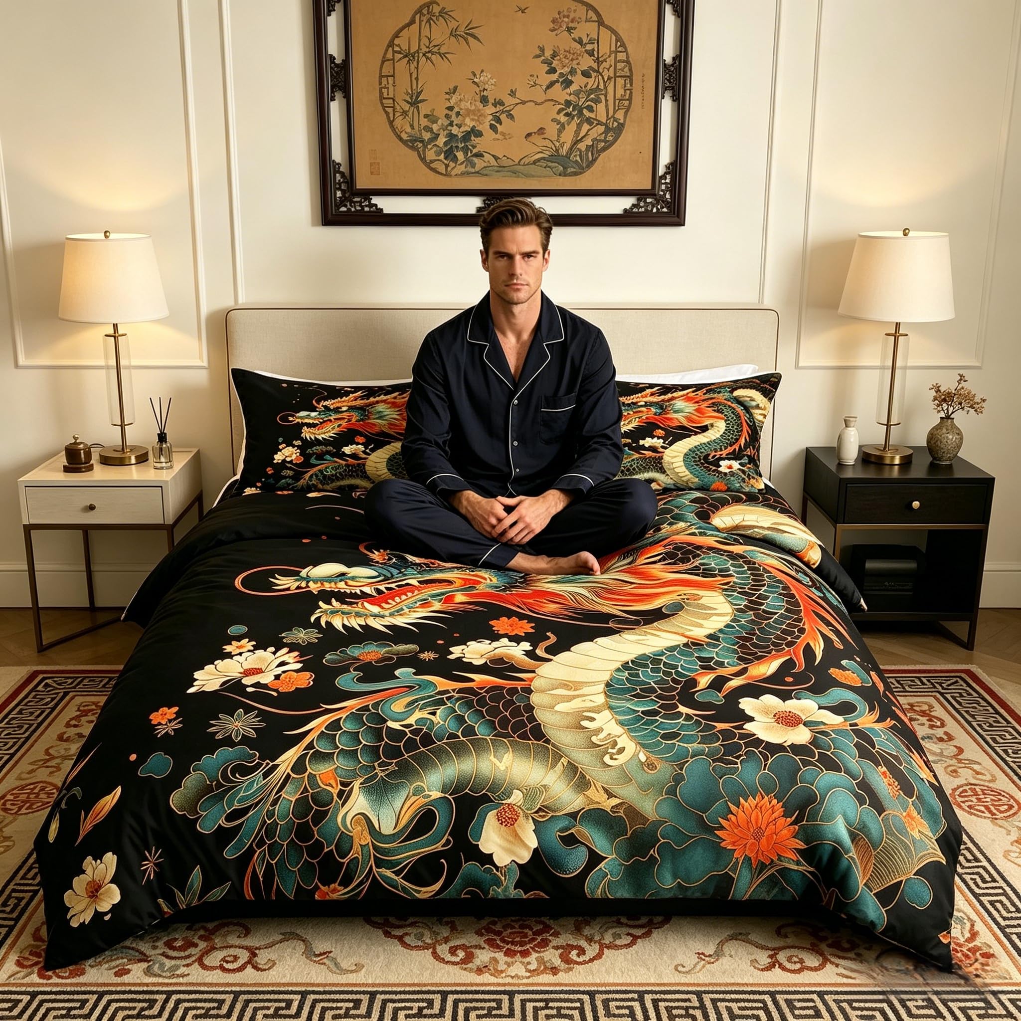 Chinese Dragon Kids Duvet Cover Super King Size,Watercolor Hand-Painted Bedding Set,Boys Men Room Decor,Flowers Western Wildlife Animals Red Colorful Comforter Cover 2 Pillowcases,No Comforter