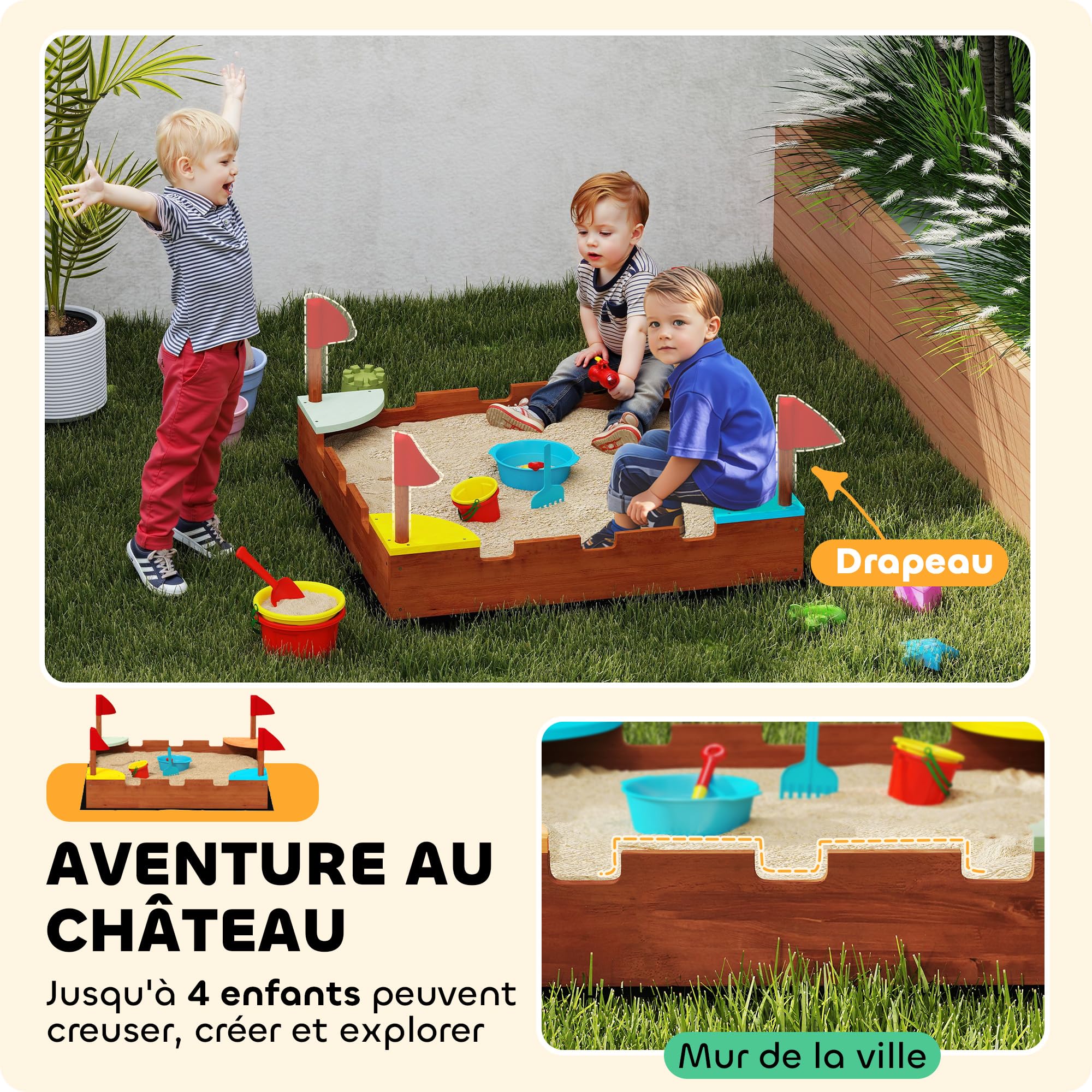 AIYAPLAY Bac à Sable en Bois avec sièges 90 x 90 x 17 cm, Marron | Pour enfants 3-7 ans, drapeaux, thème de la muraille