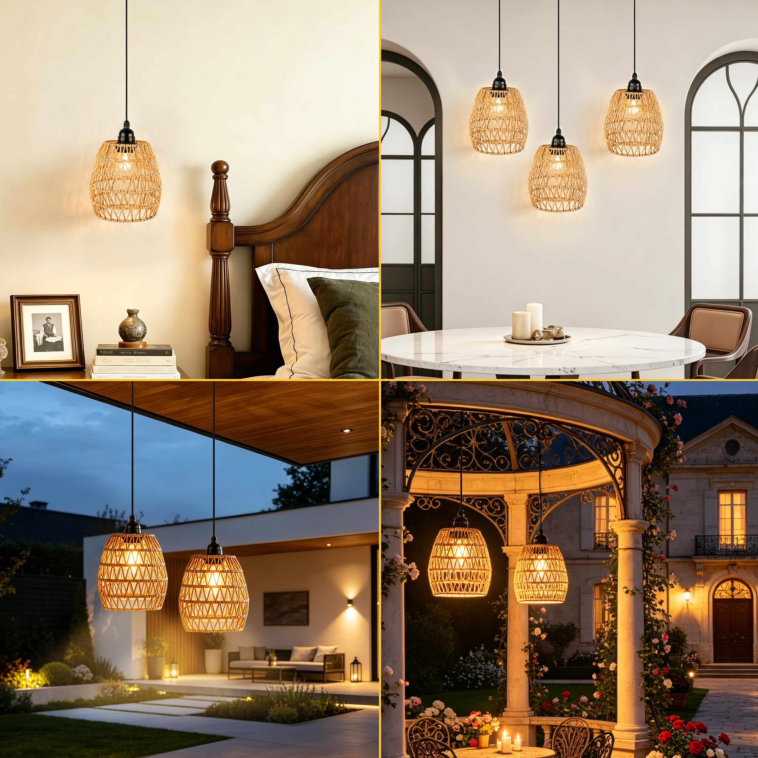 3 x Rattan Hängelampe mit Batterie, Dimmbar Hängeleuchte Batteriebetriebene Lampe mit Fernbedienung Ohne Stromanschluss, Außen Innen Tragbare Boho Korb Lampenschirm Pendelleuchte für Garten Balkon