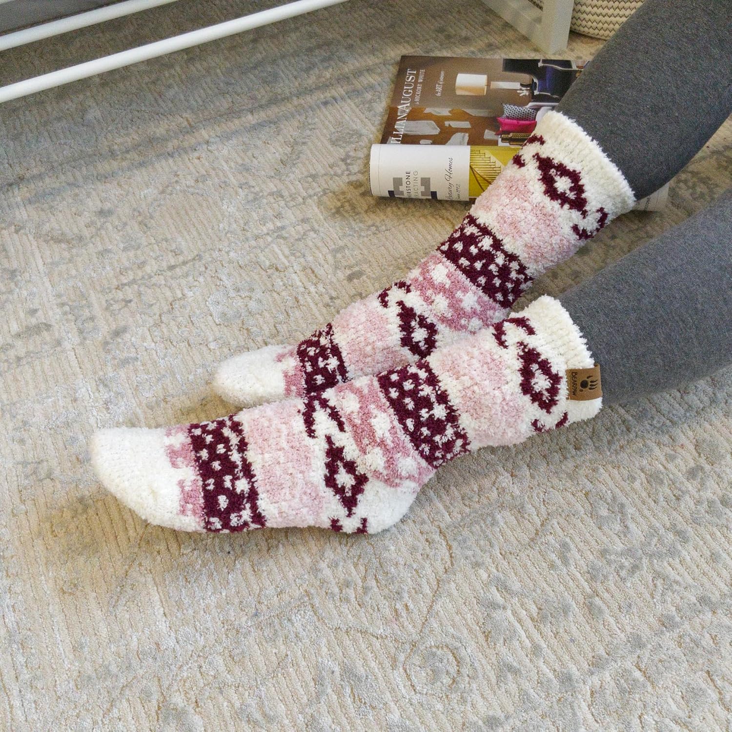 BEARPAW 4 Pair Pack Cozy Super Soft Lounge Socks Multi Pattern Crew Socks - Image 8