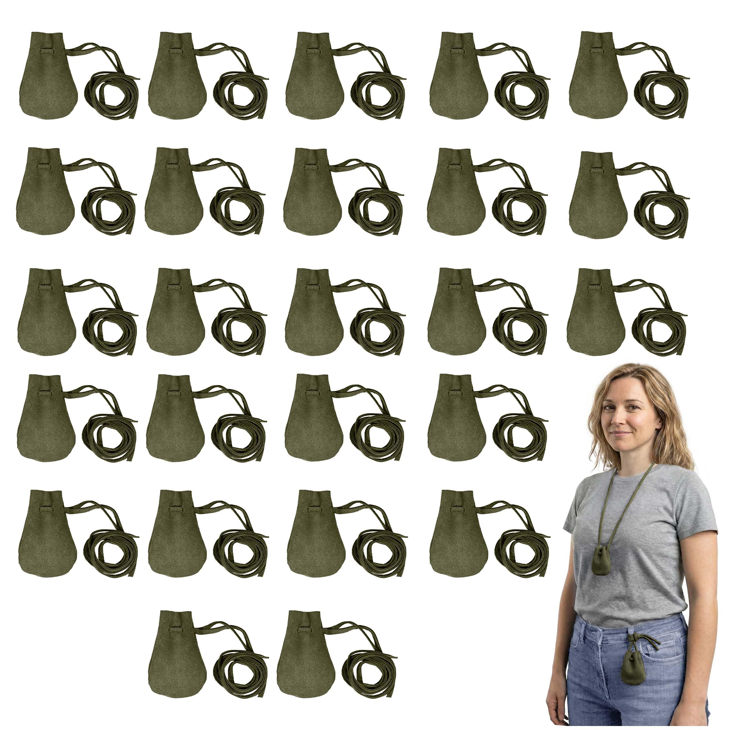 Mythrojan Pack of 25 Small Trinket Pouches Suede Leather Drawstring Coin &amp; Dice Bags for LARP, SCA, Viking &amp; Medieval Events, Color : Dark Green