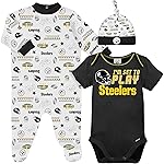 Gerber NFL Pittsburgh Steelers 3 Pack Bodysuit Sleep n Play Footie Cap Registry Gift Set, Black/White Pittsburgh Steelers, 0-3M
