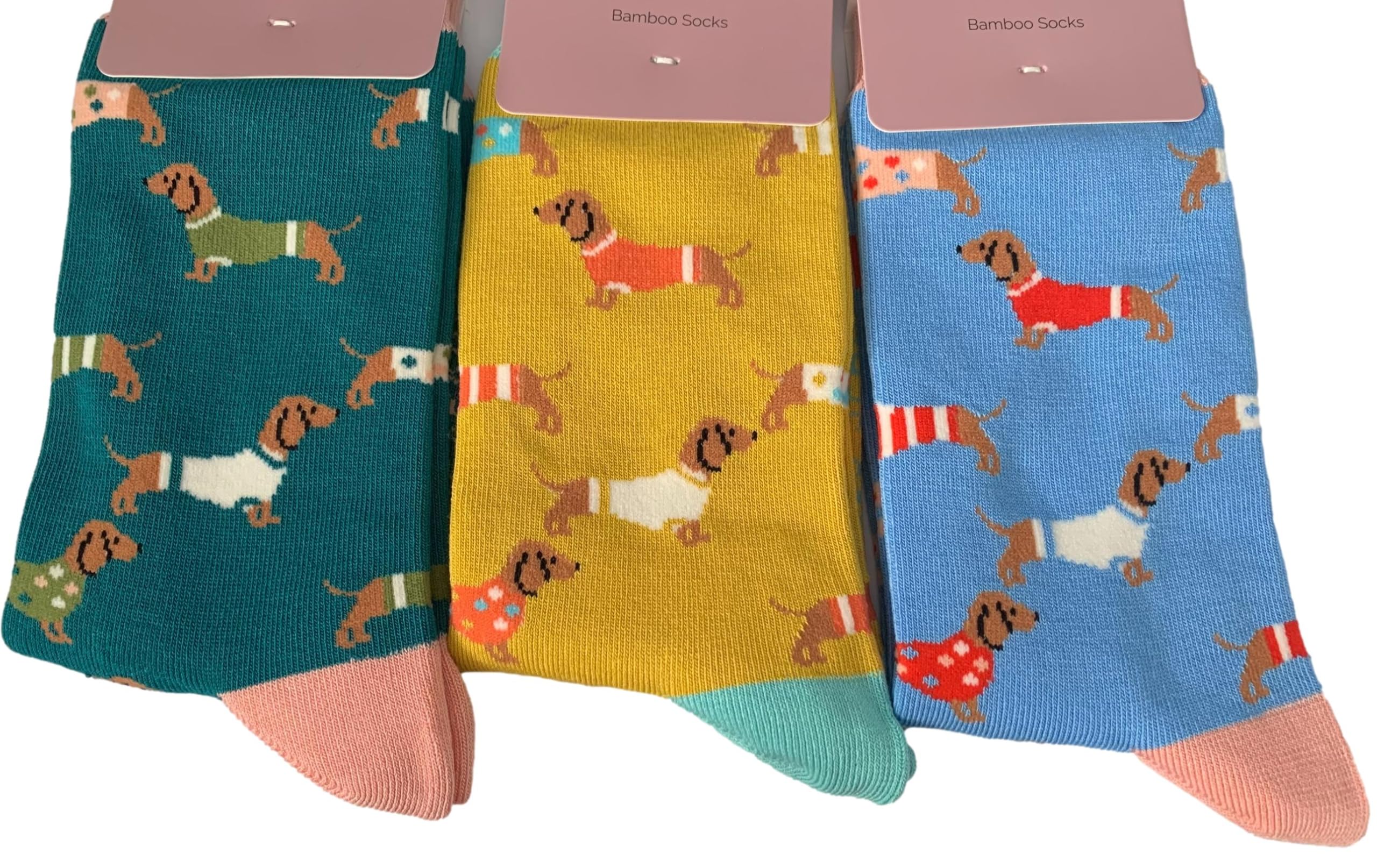 Purple Possum® Dachshund Socks Ladies Sausage Dogs Cute Dog Womens 3 Pair Multi Pack Blue Yellow Teal