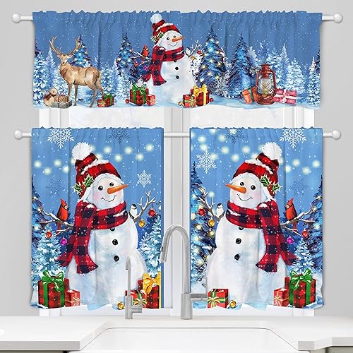 Cortina de cenefa de Navidad de muñeco de nieve para cocina, 18 x 54 pulgadas, decoración de ventana de cocina, cenefas de invierno de ciervos para