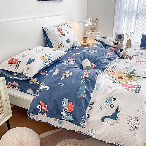 Miniatura 3 de Juego de funda de edredón de 3 piezas, 100 % algodón, diseño de dinosaurios, autos y camiones, reversible, con cierre de cremallera, cómoda, ligera