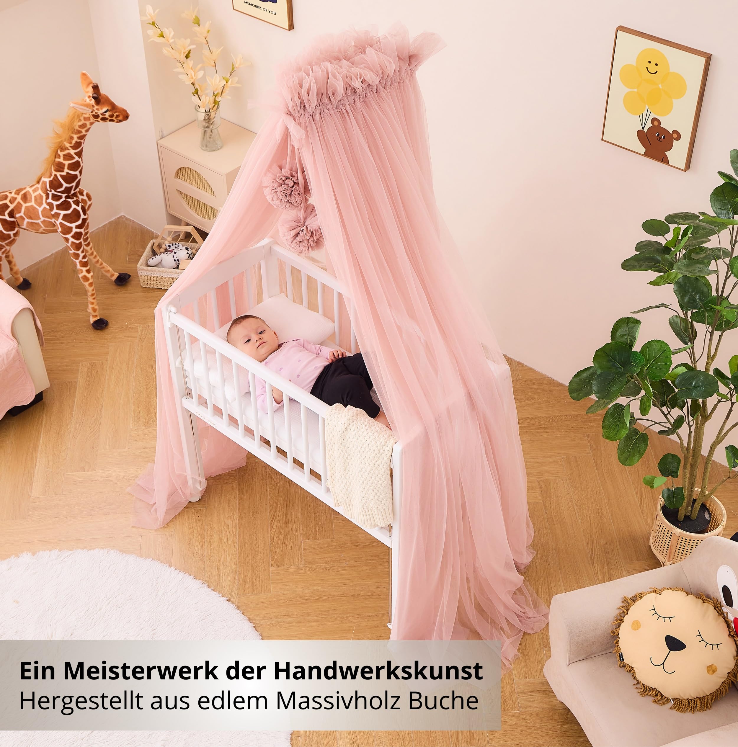 ALAVYA HOME® Beistellbett Leroy 2 in1 Babybett 6-TLG., Set Betthimmel mit 2 Bommeln + Matratze + Himmelstange aus Buchenholz (Weiß - Set mit Betthimmel Rosa)