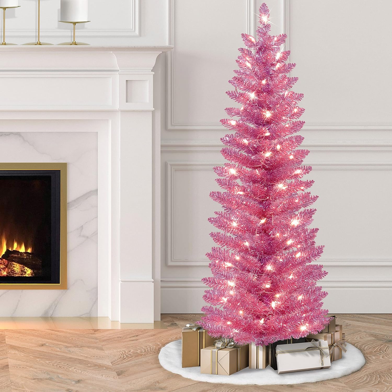 Puleo International 4.5 ft Pre-Lit Pink Tinsel Artificial Tree