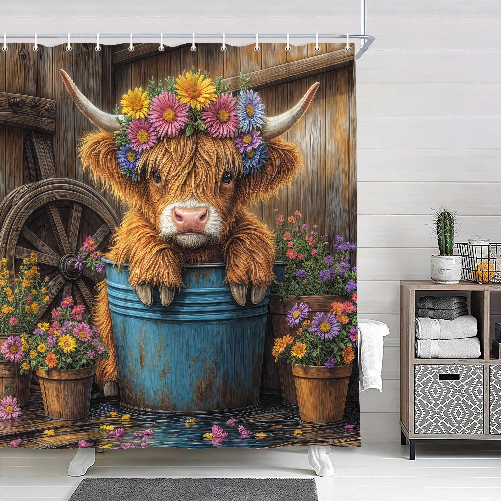 Cute Highland Cow Shower Curtain, Farmhouse Brown Wooden Barn Door Shower Curtains for Bathroom Accessories, Funny Cattle Rustic Animal Fabric