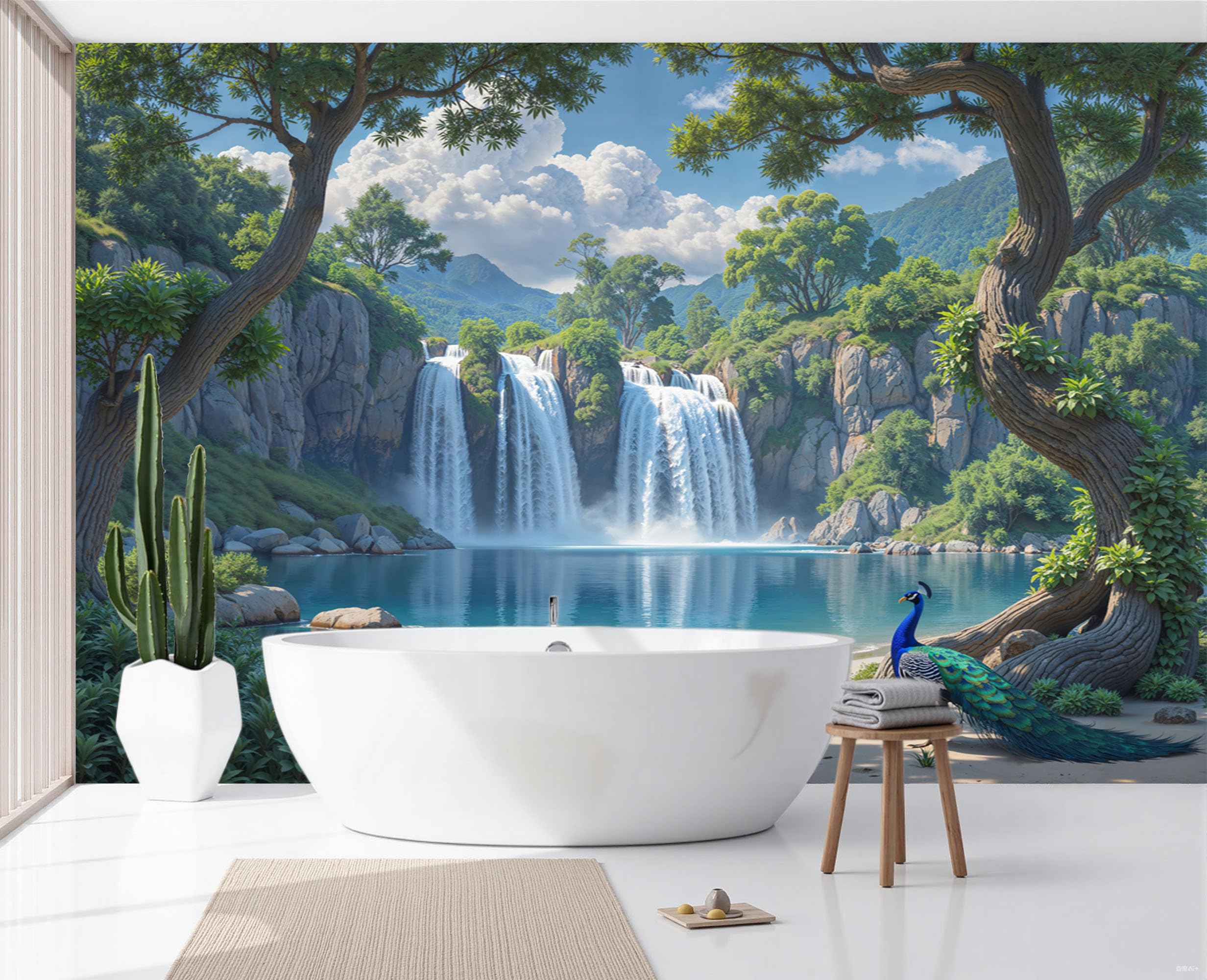 Papier peint panoramique arbres cascade 250x175cm pour deco murale de salon