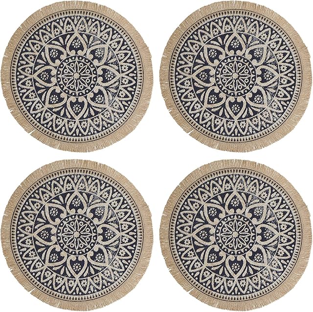 4 Jute Placemats, 40cm Natural Printed Burlap Round Table Mat, Heat-Resistant Non-Slip Kitchen Table Mat, for Dining Table/Kitchen (Black)