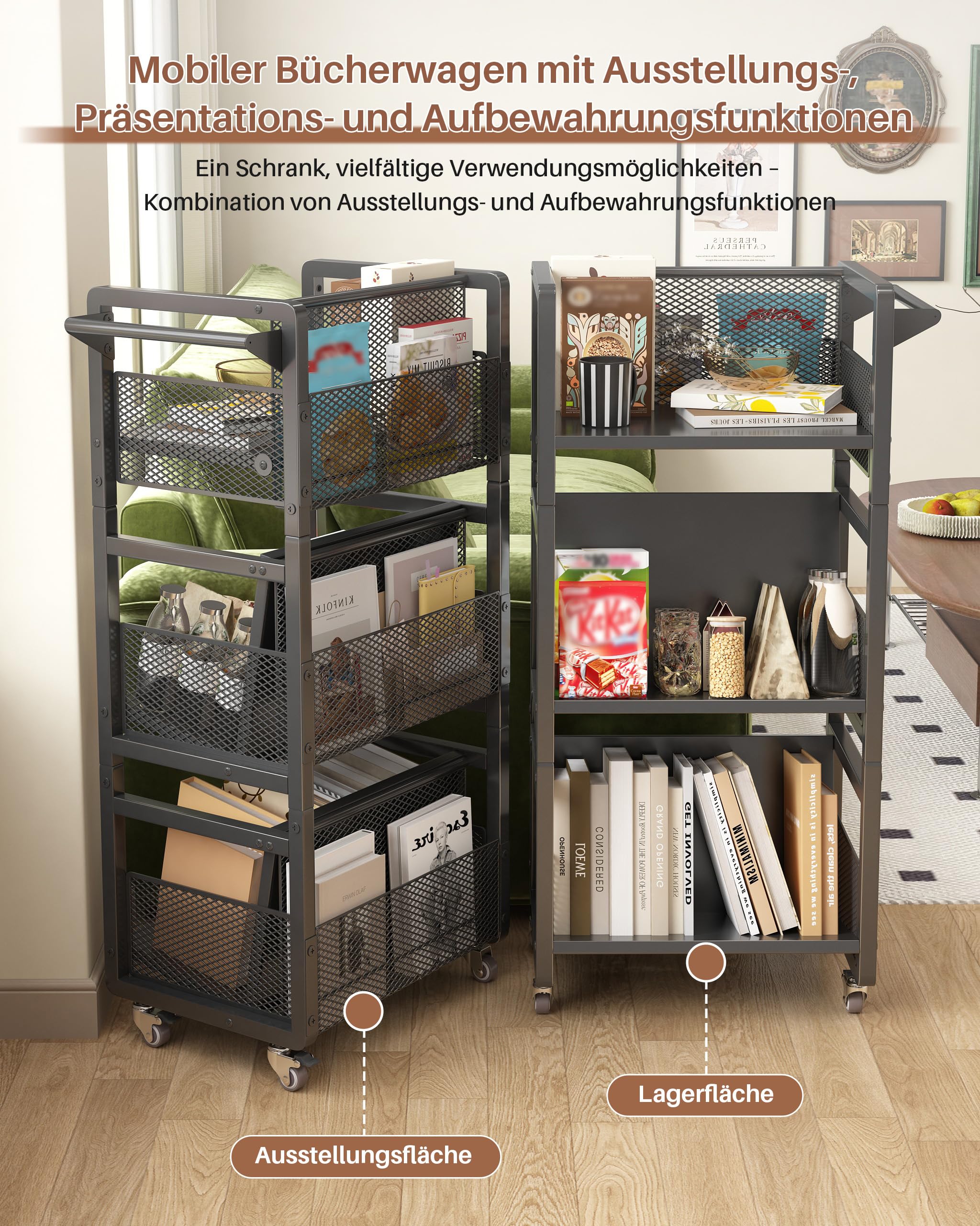 Mobiles Bücherregal mit Rollen, Metall Rollwagen mit 3 Etagen | 3 Magnetische Buchstützen, Handgriff, Beidseitig, 2 Feststellbare Lenkrollen, Büro, Wohnzimmer, Arbeitszimmer, Schwarz