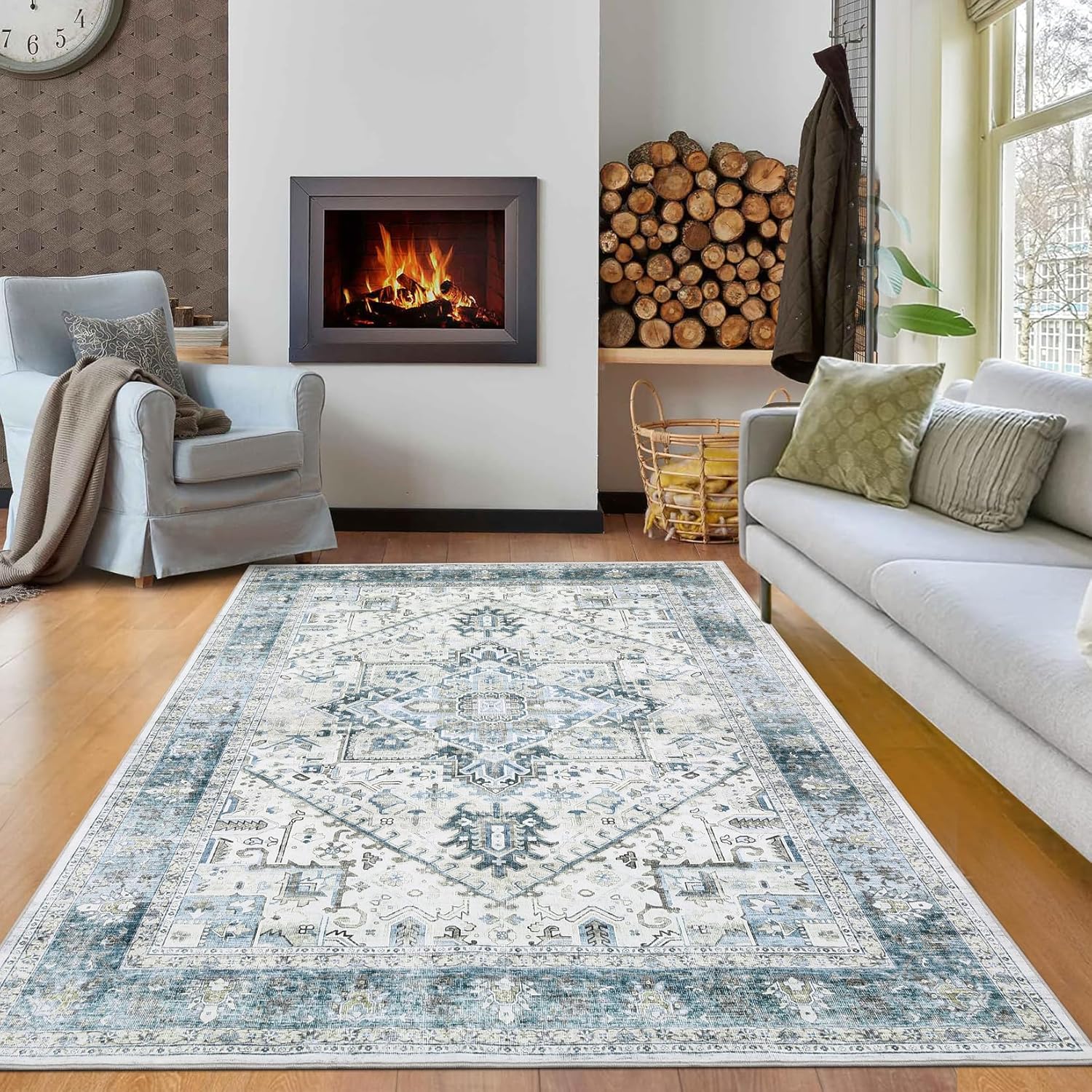 6x9 Washable Rug Vintage Florla Print Area Rug Non Slip Stain Resistant Dining Room Carpet Soft Low Pile Floor Cover for Bedroom Nursery Playroom Living Room,Light Green