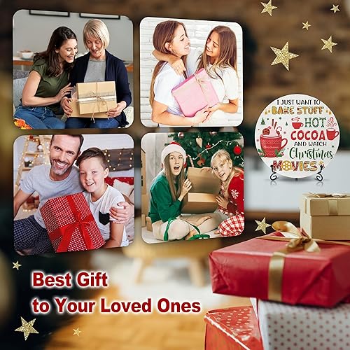 Miniatura 4 de Decoraciones navideñas para el dormitorio del hogar, letrero redondo de madera de cacao caliente con soporte de hierro para estante de mesa de