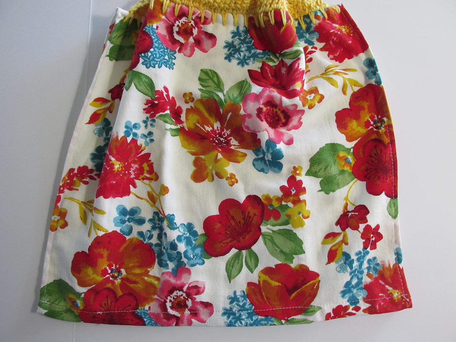 Set of 2 Wildflower Whimsy Double Layer Hanging Kitchen Hand Towels Yellow Crochet Top Towels