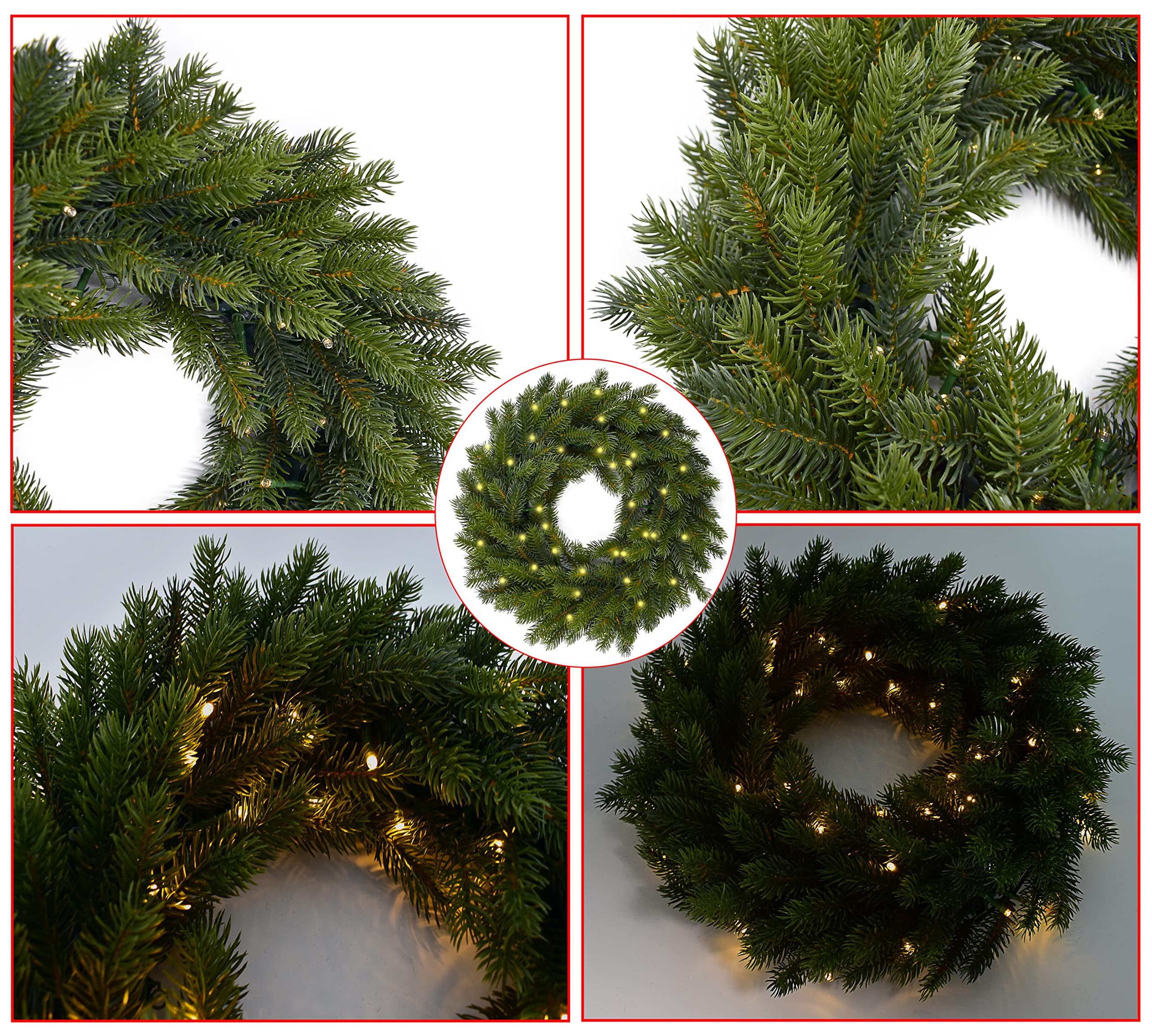 Türkranz mit Beleuchtung Ø40cm-49 LEDs-Klassischer Beleuchtet-Adventskranz, Künstlicher Weihnachtskranz, Hängekranz, Weihnachten für Innen und Außen-Batteriebetrieben, Grün