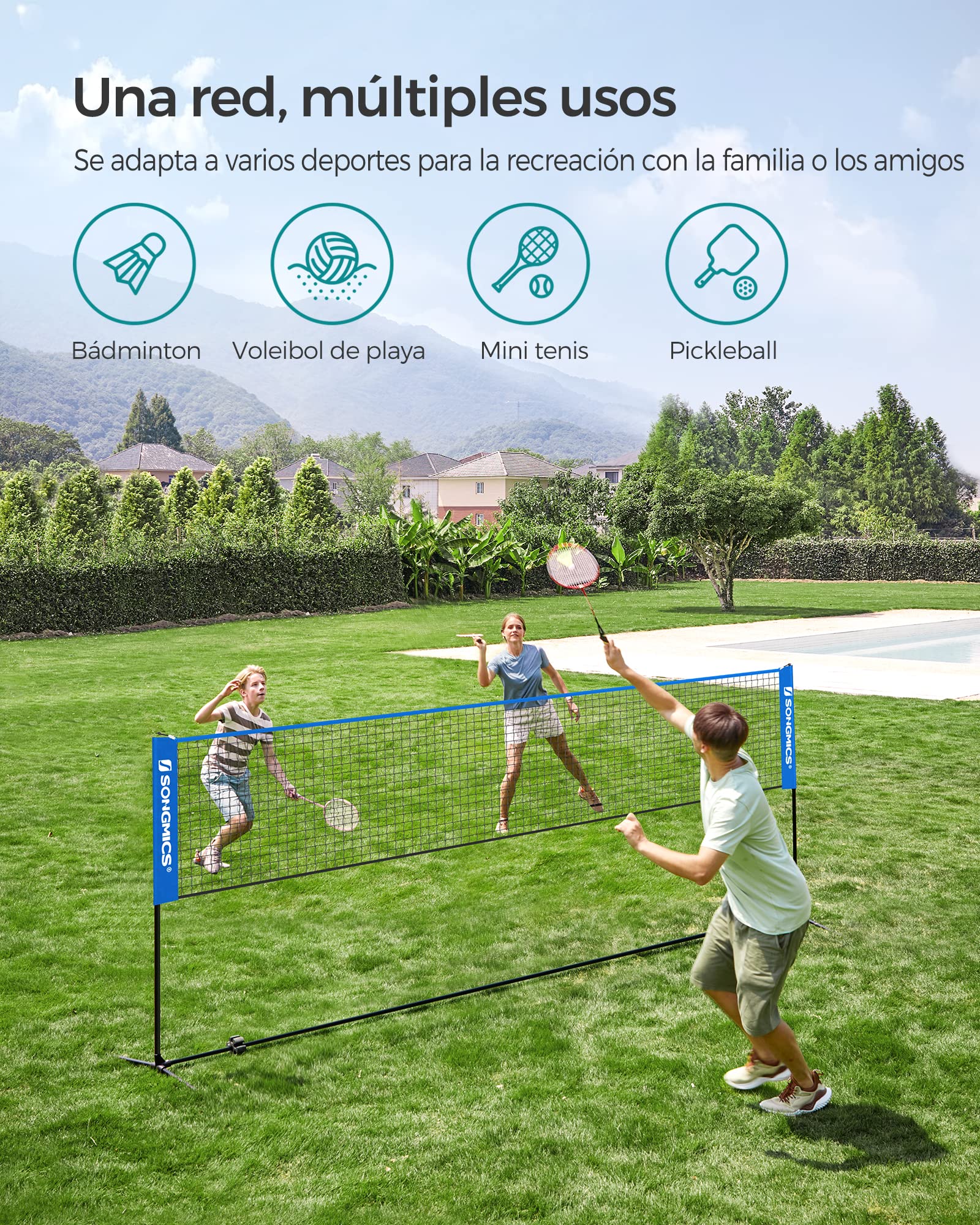 SONGMICS Red de Bádminton 4 m, Voleibol con Postes Ajustables, Portátil para Jardín, Parque, Exterior, Azul SYQ400