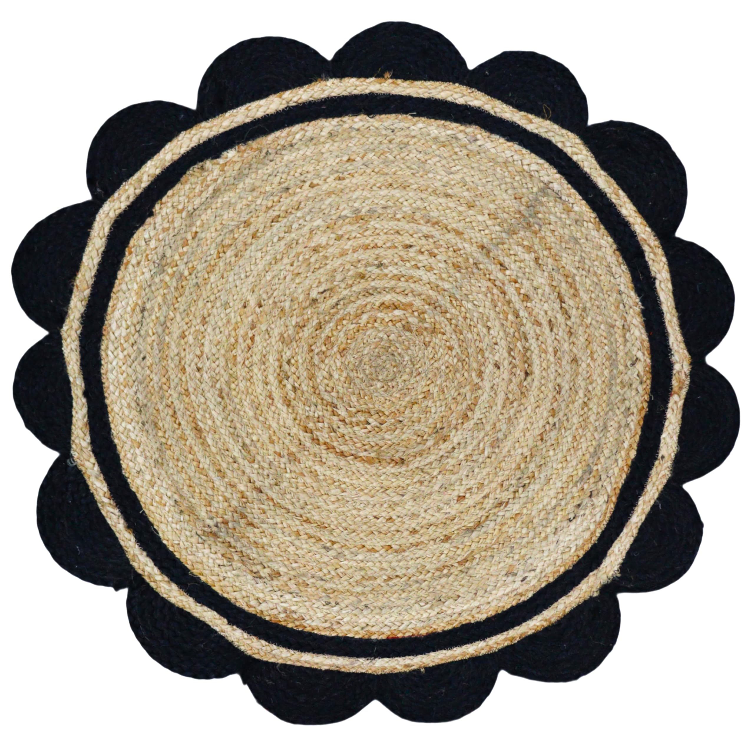 Tapis rond festonné en jute naturelle – Tapis tressé tissé à la main, respectueux de l'environnement et durable, décoration style rustique bohème pour salon, chambre à coucher ou entrée