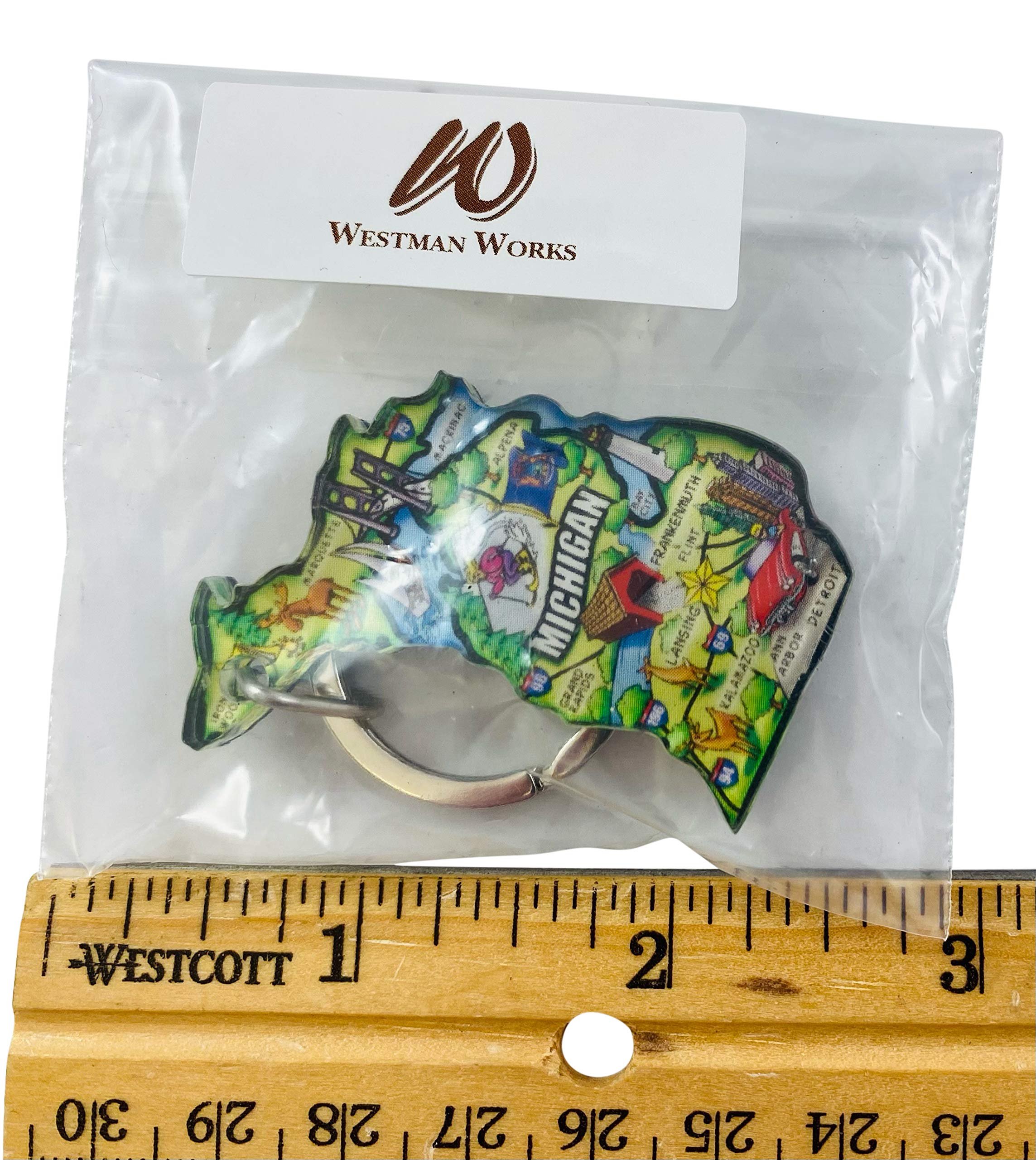Westmon Works Michigan Keychain Acrylic Map Key Ring Retro Travel Souvenir Gift with Great Lake State Landmarks Design, 2 Inch