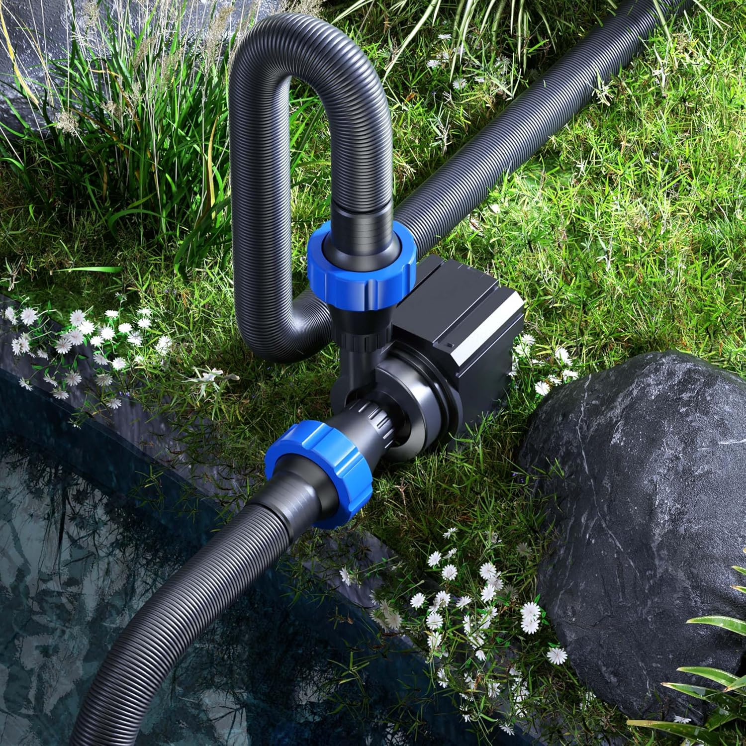 SunSun CTM-2800 pond pump installed in a garden pond, connected to hoses.