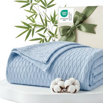 Bedsure Cooling Blanket of Rayon Derived from Bamboo - Lightweight Breathable Cotton Blankets Queen Size for Hot Sleepers, Luxury Throws for Bed, Couch and Sofa, Blue, 90x90 Inches