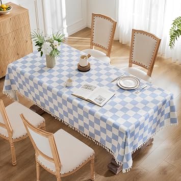 Ohocut Checkered Tablecloth with Tassel Blue Checkerboard Table Cloth Cute Aesthetic Rectangle Table Cover for Kitchen Dinning Room Picnic Washable Wrinkle Free Cotton Linen Fabric 55x71