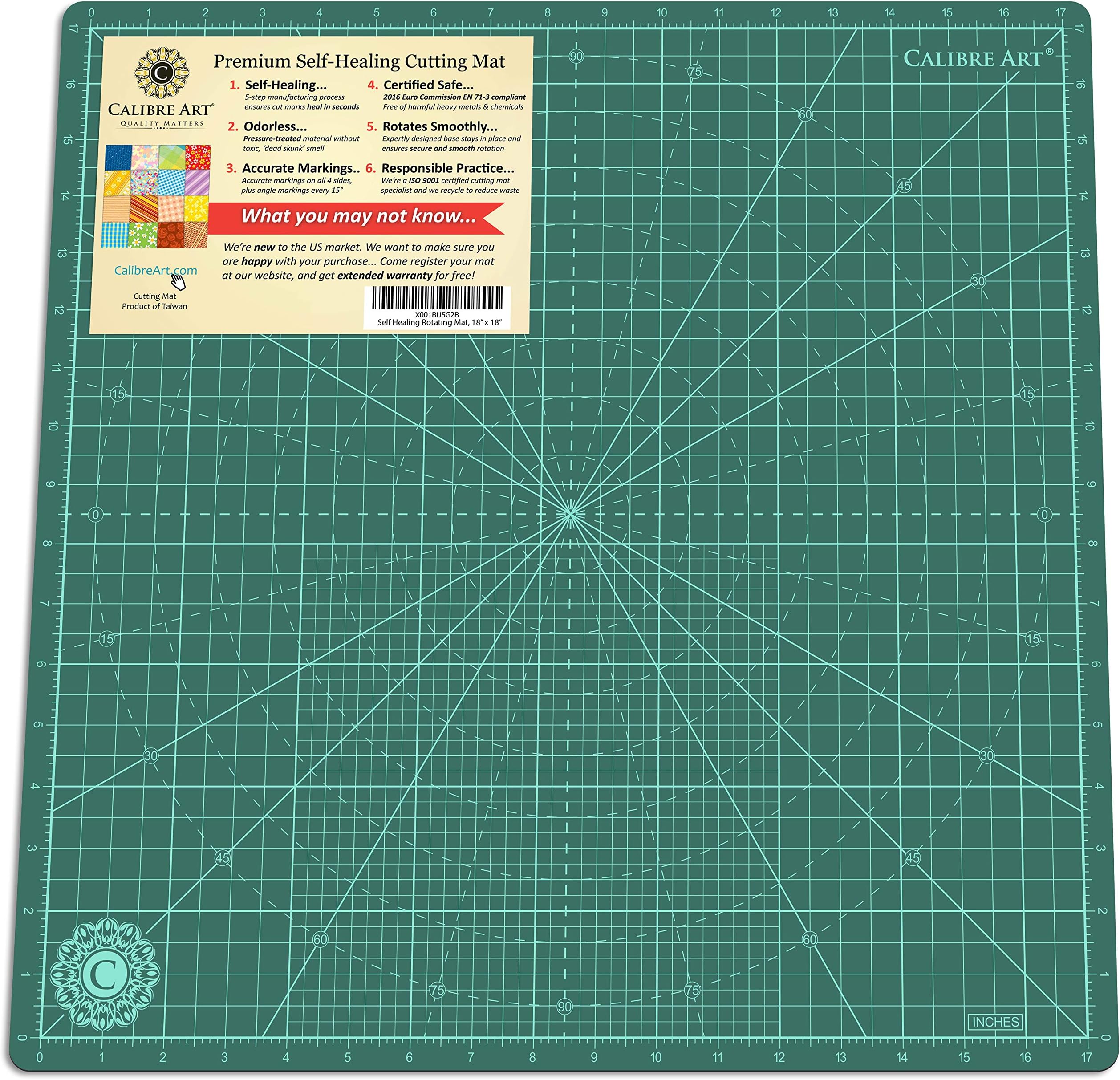 Self Healing Rotating Cutting Mat, Perfect for Quilting & Art Projects, 18x18 (17" Grid)