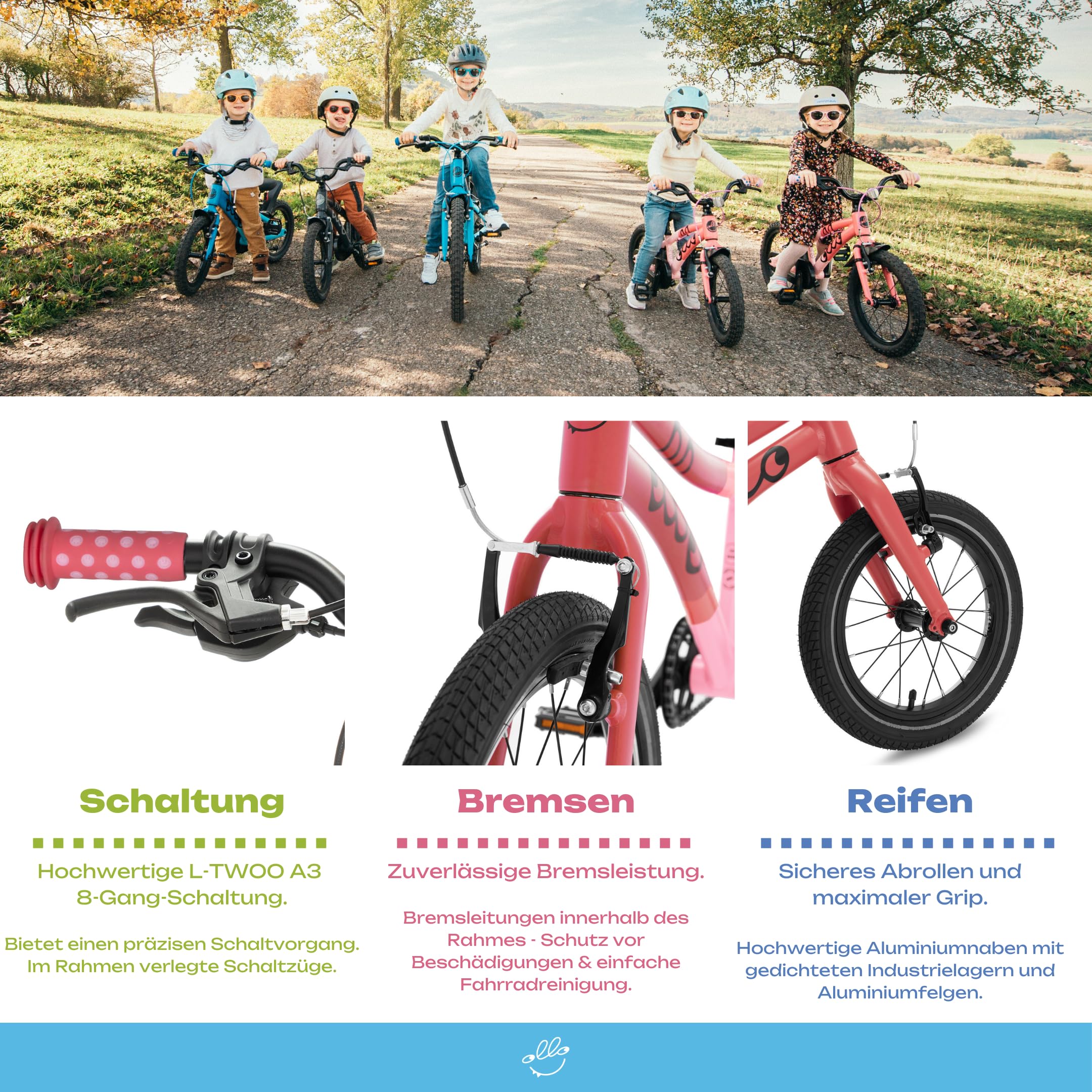Ollo Adventure Bike 20 Zoll Kinderfahrrad ab 6 Jahren - leichtes Kinder Fahrrad für 120-135 cm Körpergröße mit Aluminiumrahmen, 8-Gang-Schaltung, Bremsen, Schutzblechen, Ständer & Gym Bag