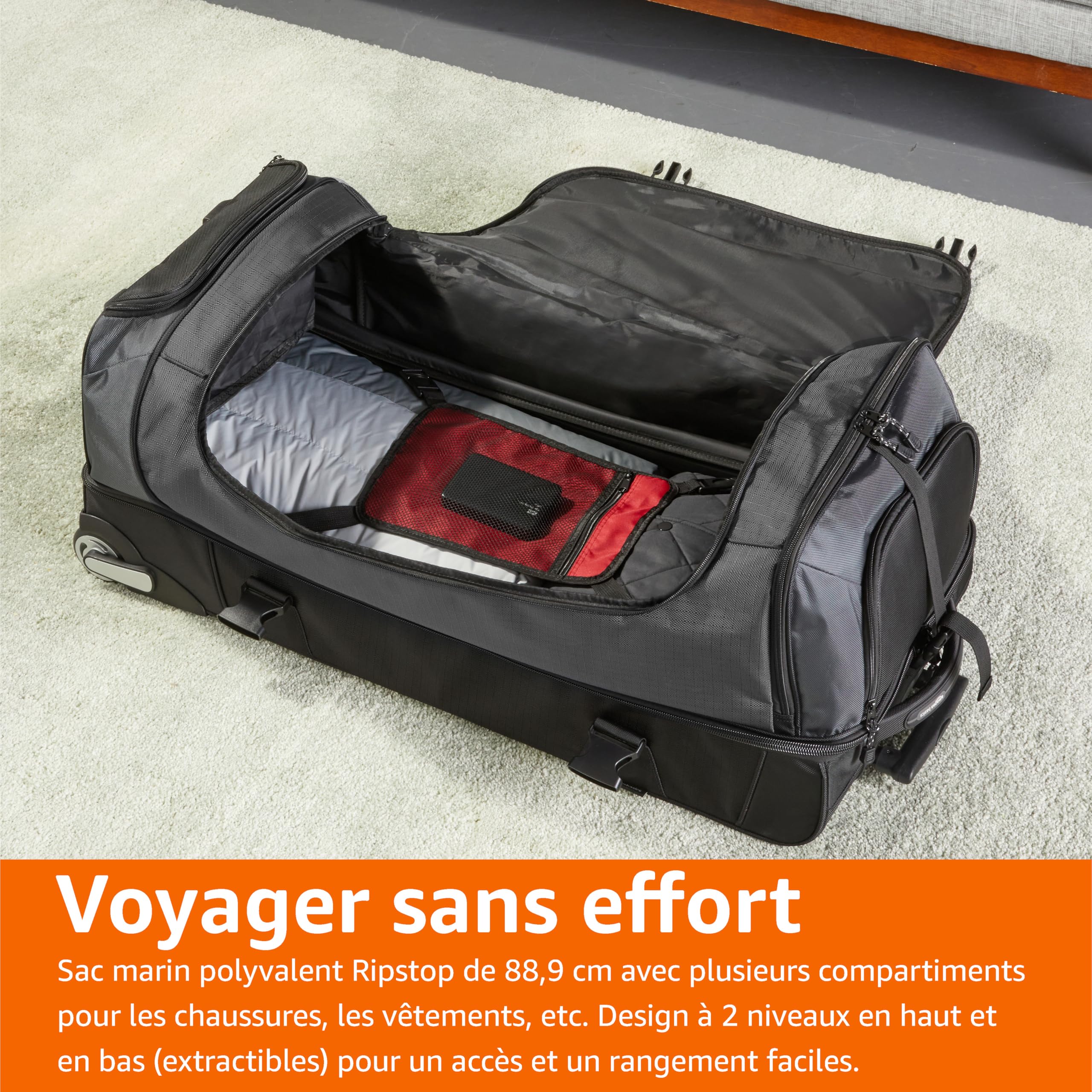 Amazon Basics Sac de Voyage à Roulettes Grand (89 cm, 137 litres),Léger et Durable en Tissu Indéchirable,Grande Capacité avec Manche Télescopique, Idéal pour les Voyages,le Travail et les Loisirs,Noir