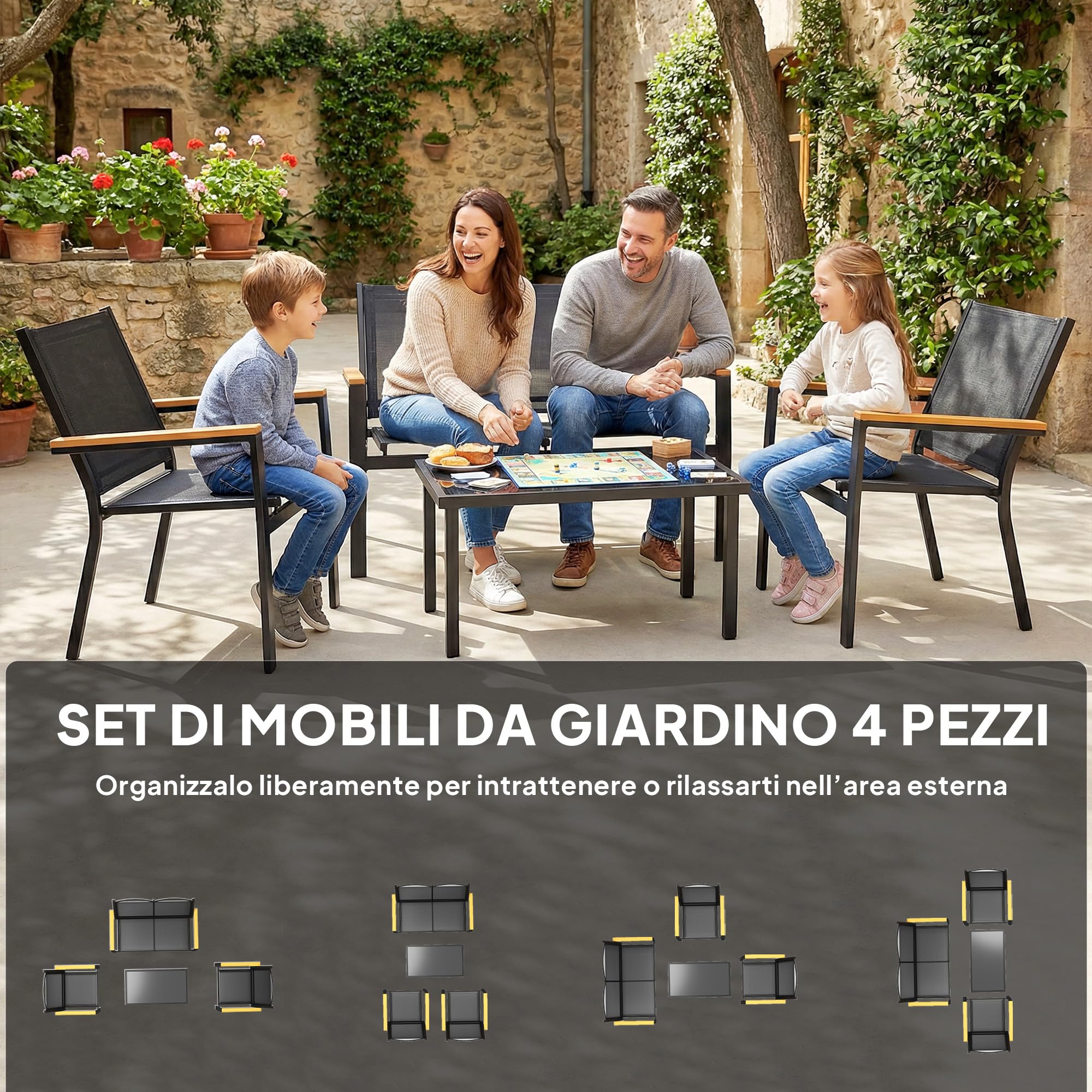 Outsunny Set Salotto da Giardino 4 Pezzi in Texteline, Set di Mobili da Giardino con Divano a 2 Posti, 2 Poltrone, Tavolino in Vetro Temperato, Braccioli Larghi, Salottino da Esterno, Nero