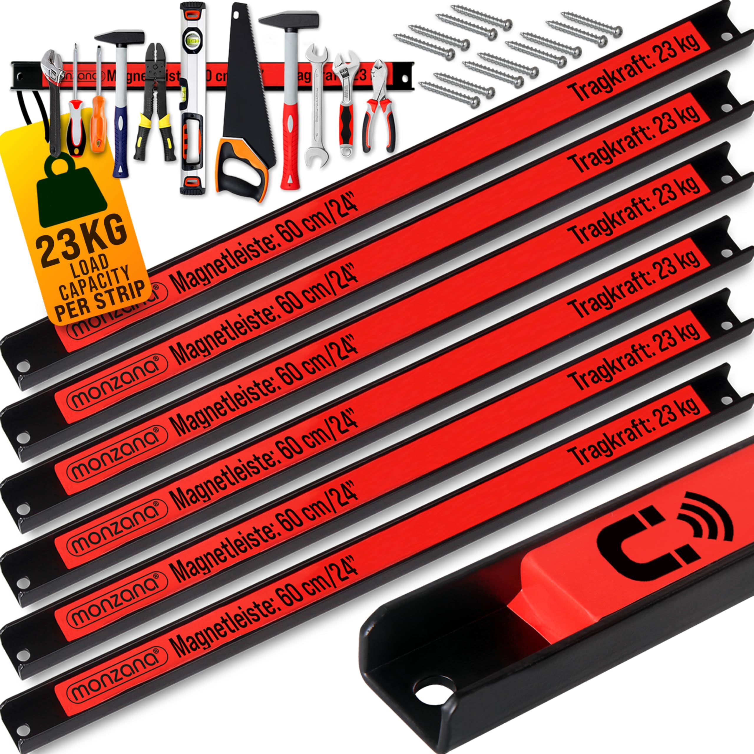 MONZANA® 6x Magnetic Tool Holder Strip | 60cm Magnetic Storage Strips, 23KG Load Capacity, Mountable Wall Magnets for Tool Box Screwdrivers, Spanners, Knife Organiser, Garden Tools Organisers Storage
