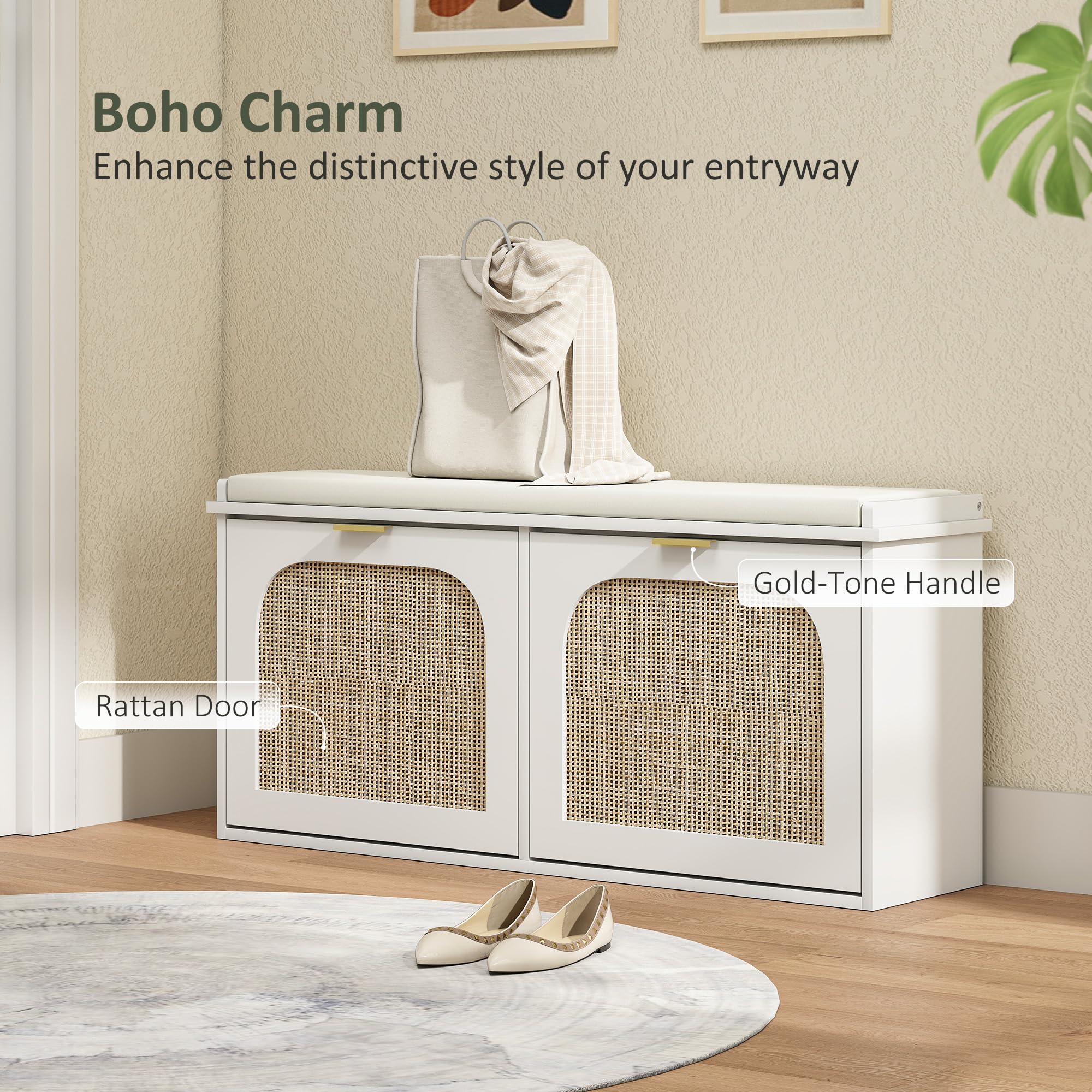HOMCOM Banco estrecho para zapatos con asiento acolchado y 2 cajones abatibles, banco de almacenamiento de zapatos bohemio con puertas de ratán y estantes ajustables para pasillo, entrada, capacidad