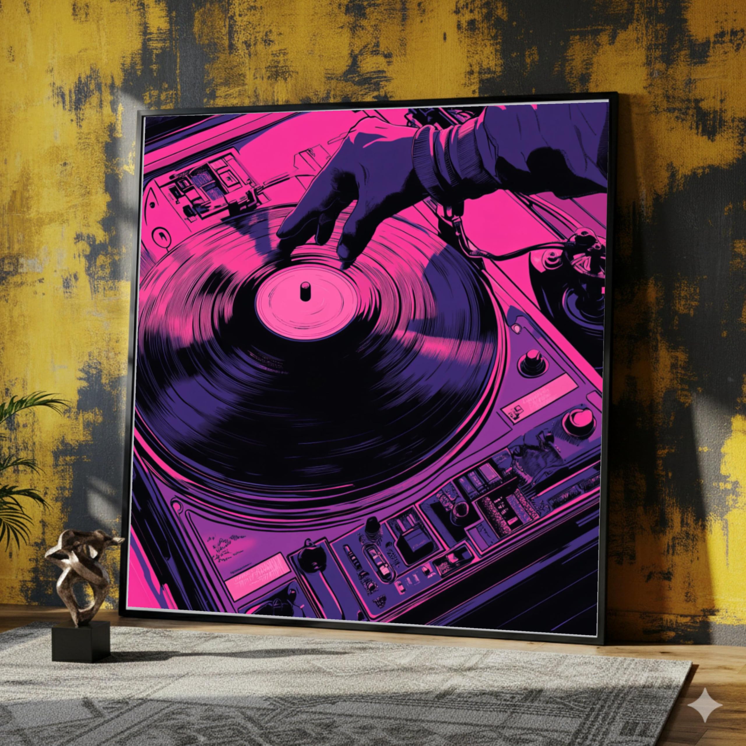 LMYCHENG Retro DJ płyta winylowa gramofon płótno, neonowa muzyka sztuka ścienna, dekoracja vintage, różowy i fioletowy obraz dźwiękowy, nowoczesny (55 x 55 cm / rama wewnętrzna)